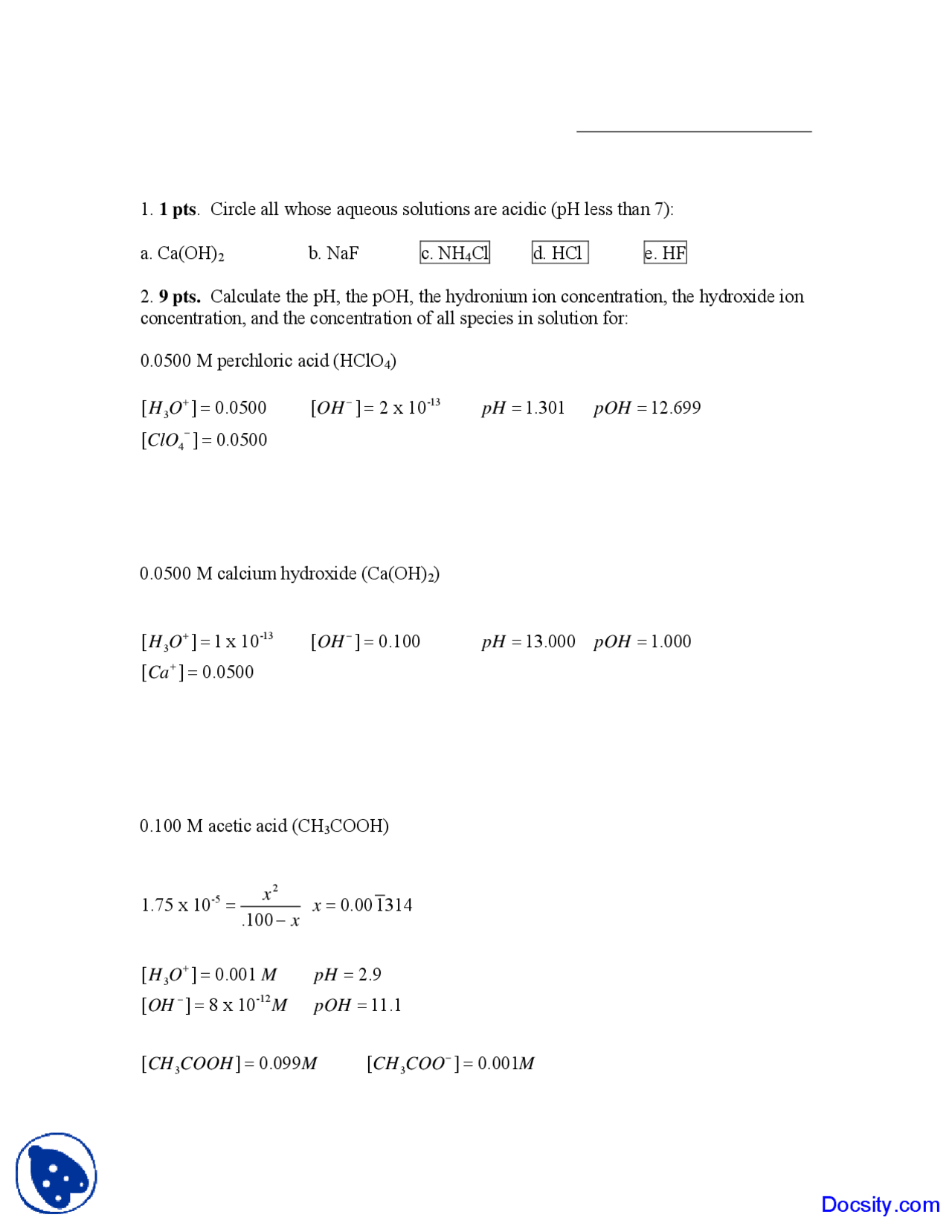 Acidic Aqueous Solutions - General Chemistry - Solved Quiz - Docsity