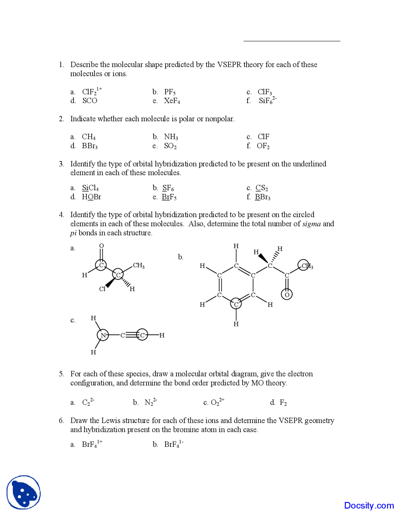 Vsepr Practice Questions VSEPR Theory - General Chemistry - Solved Quiz - Docsity