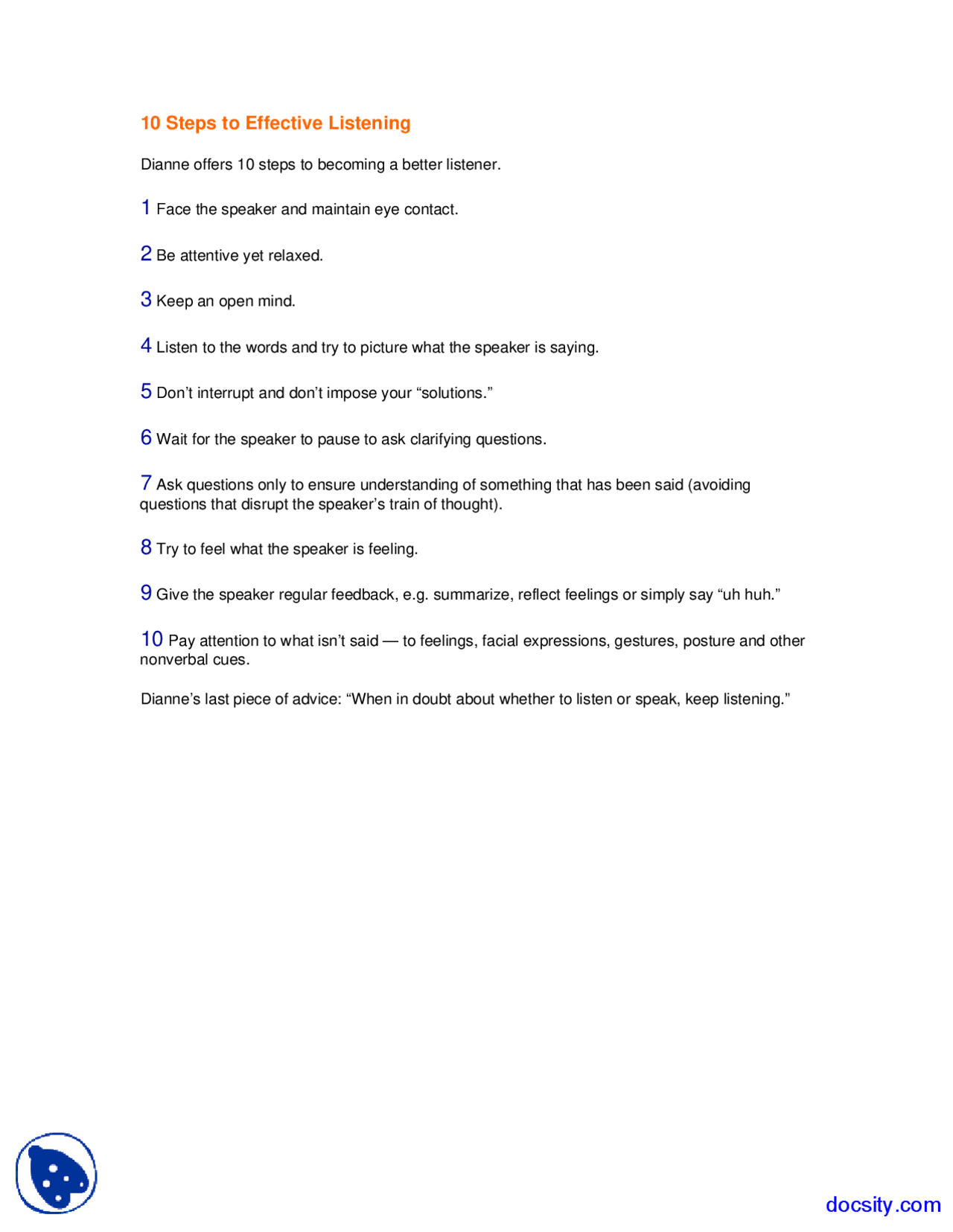 Ten Steps to Effective Listening - English - Lecture Notes - Docsity