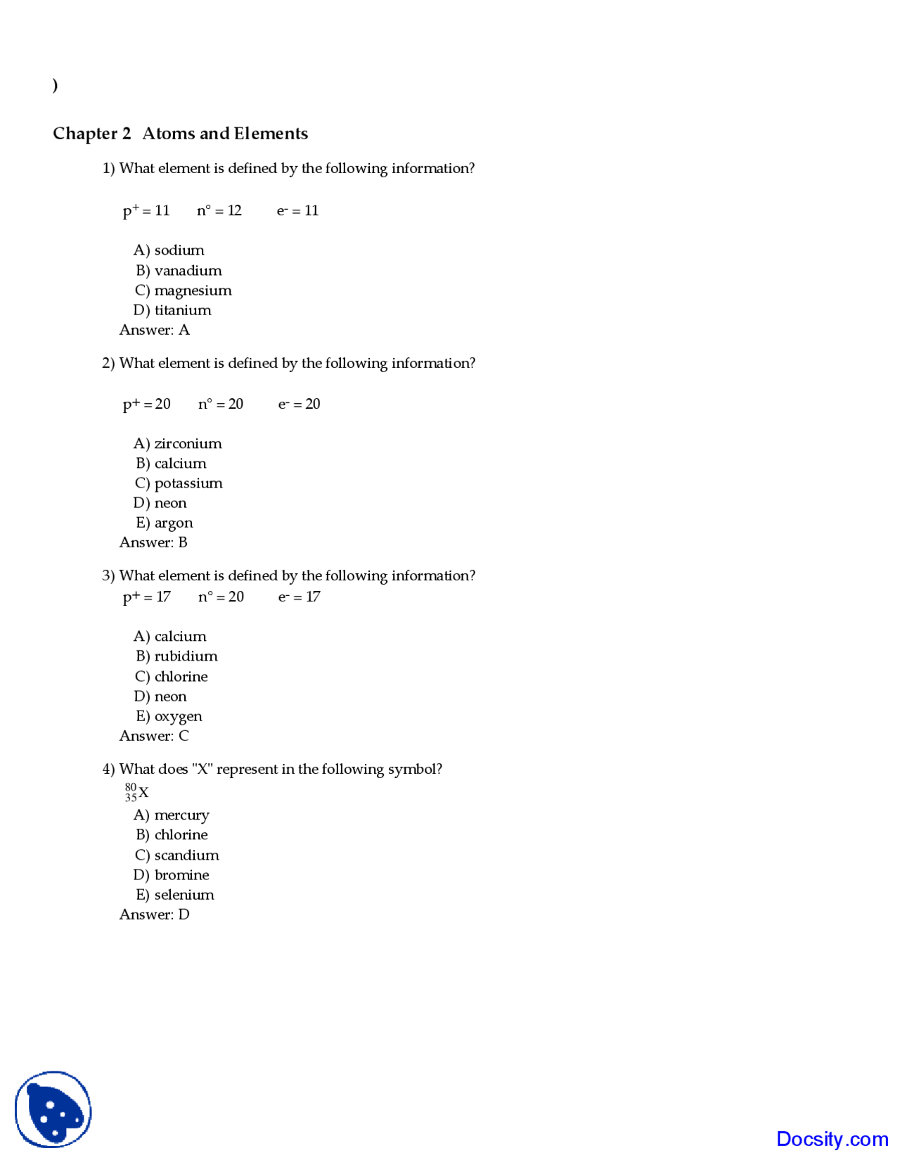 Atoms and Elements General Chemistry Solved Quiz Docsity