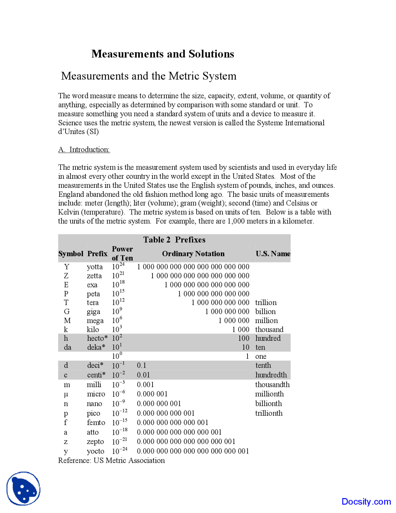 Measurements, Metric System - General Biology - Lecture Notes - Docsity