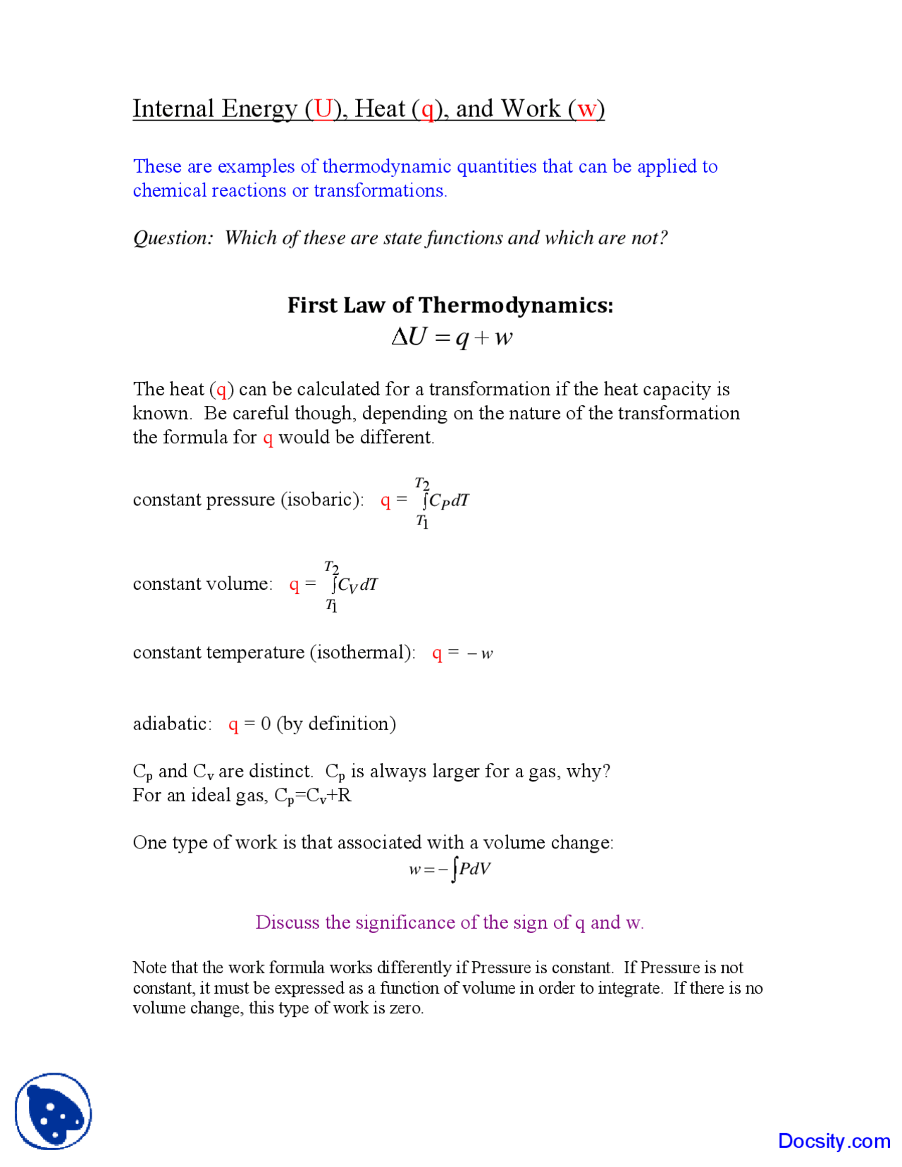 Internal Energy Notes Internal Energy - Physical Chemistry - Lecture Notes | Study notes ...