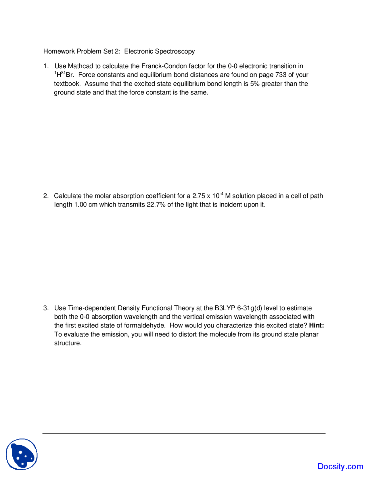Electronic Spectroscopy Physical Chemistry Quiz Docsity