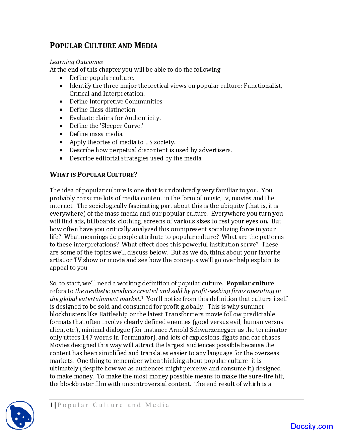 Popular Culture and Media - Basics of Sociology - Lecture Notes | Study ...