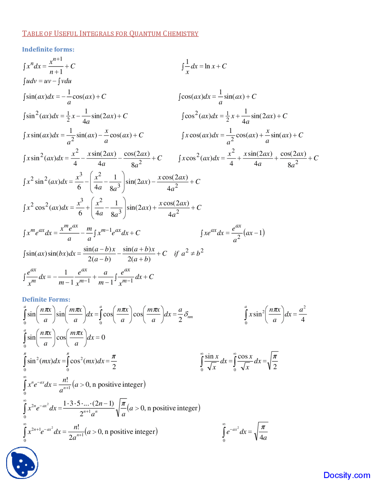 Integration Example Chem Integrals for Quantum Chemistry - Physical Chemistry - Lab Handout ...