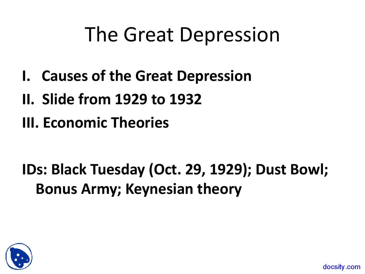 Great Depression - History of United States - Lecture Slides - Docsity