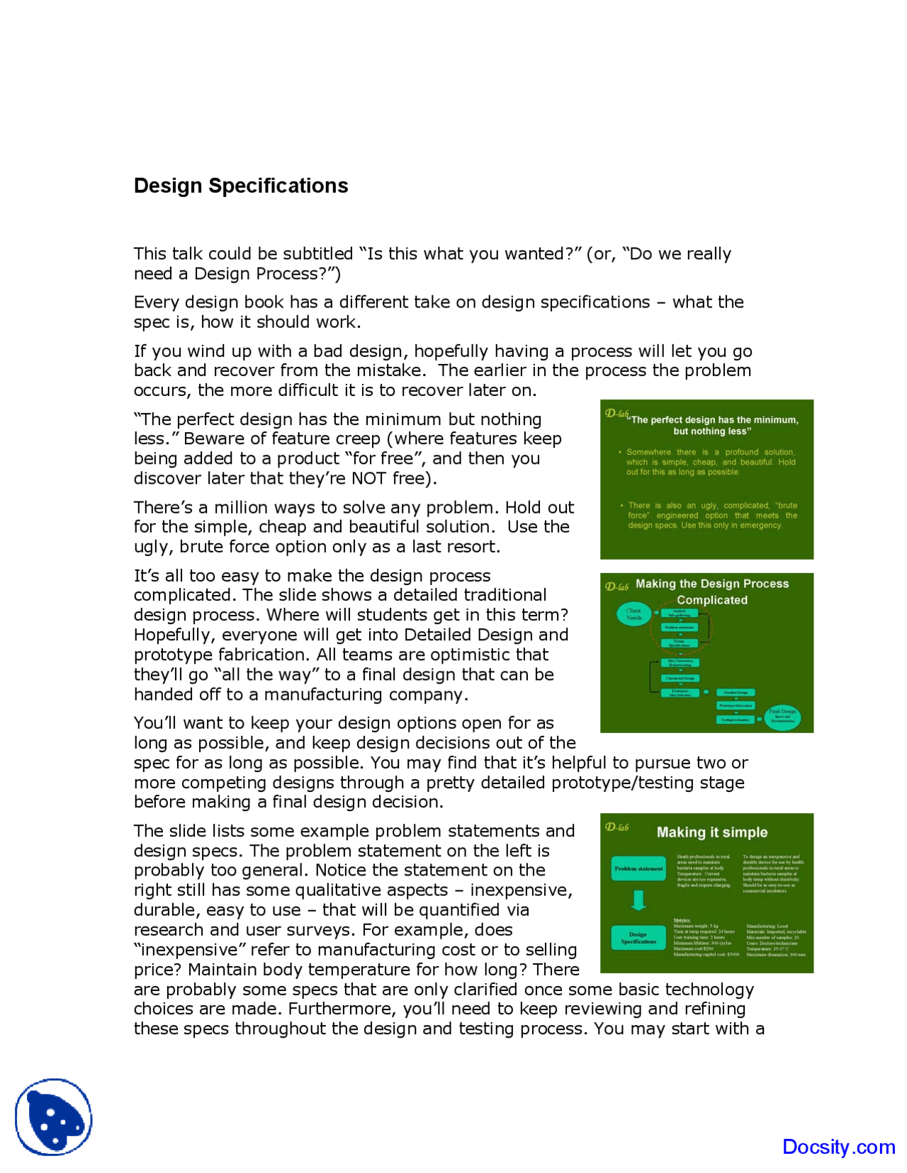 Design Specifications - Design and Dissemination - Lecture Notes - Docsity