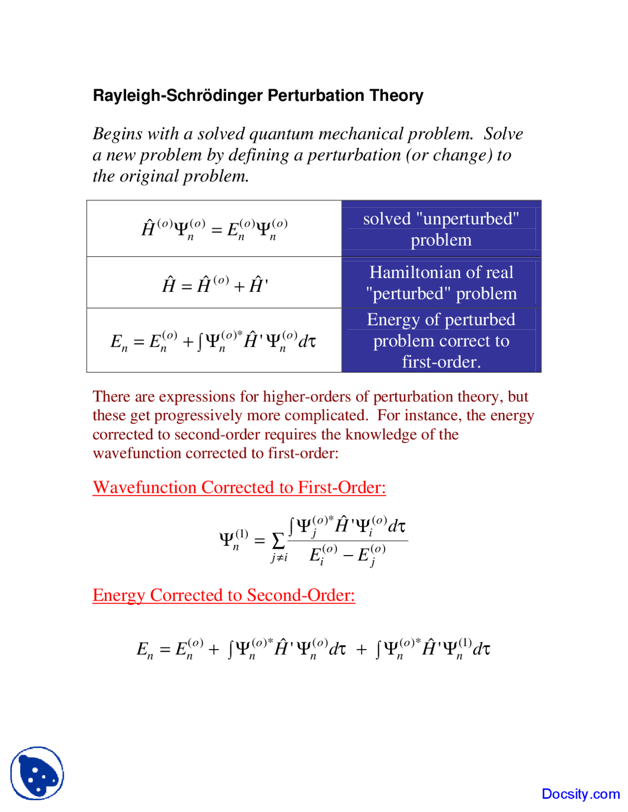 Perturbation Theory Physical Chemistry Lecture Notes Docsity