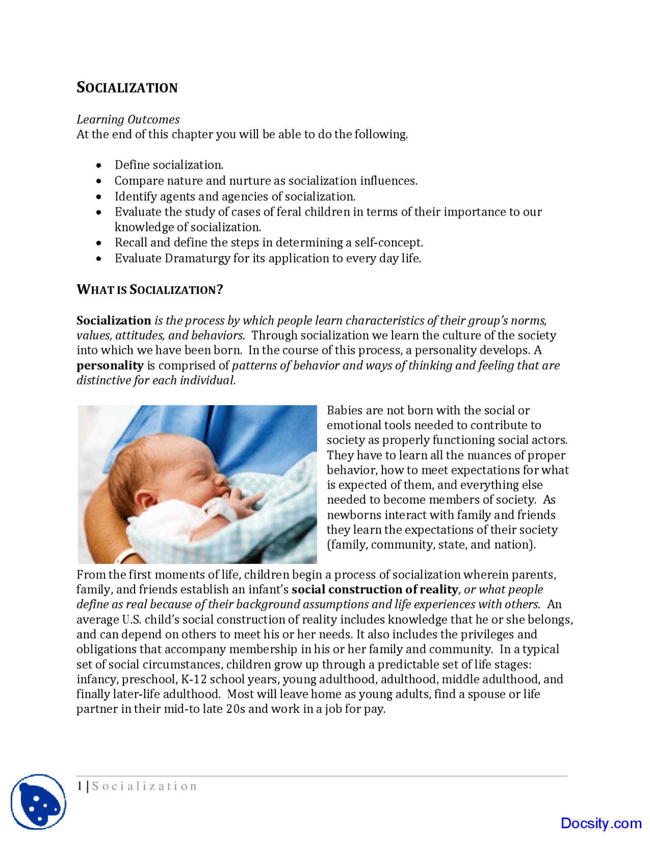 Socialization - Basics of Sociology - Lecture Notes | Study notes  Introduction to Sociology | Docsity
