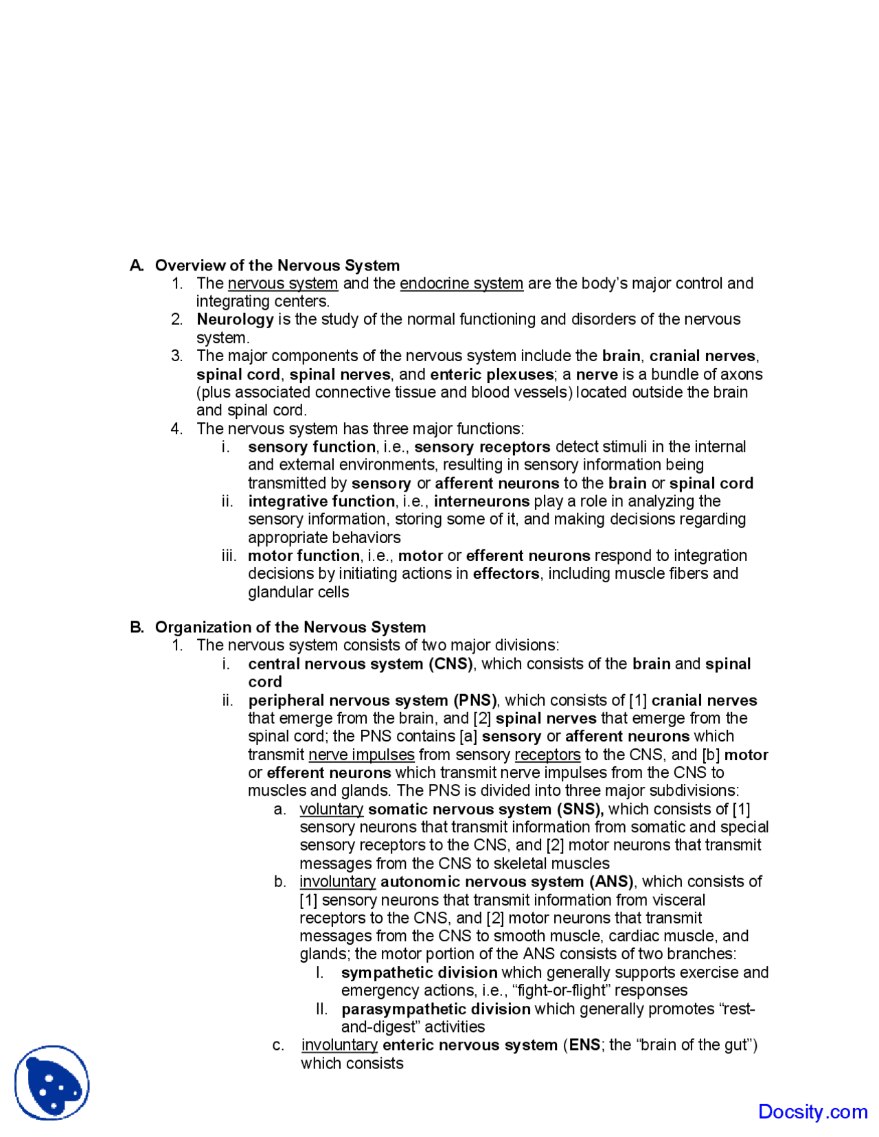 Overview of Nervous System - Human Anatomy - Lecture Notes | Study ...