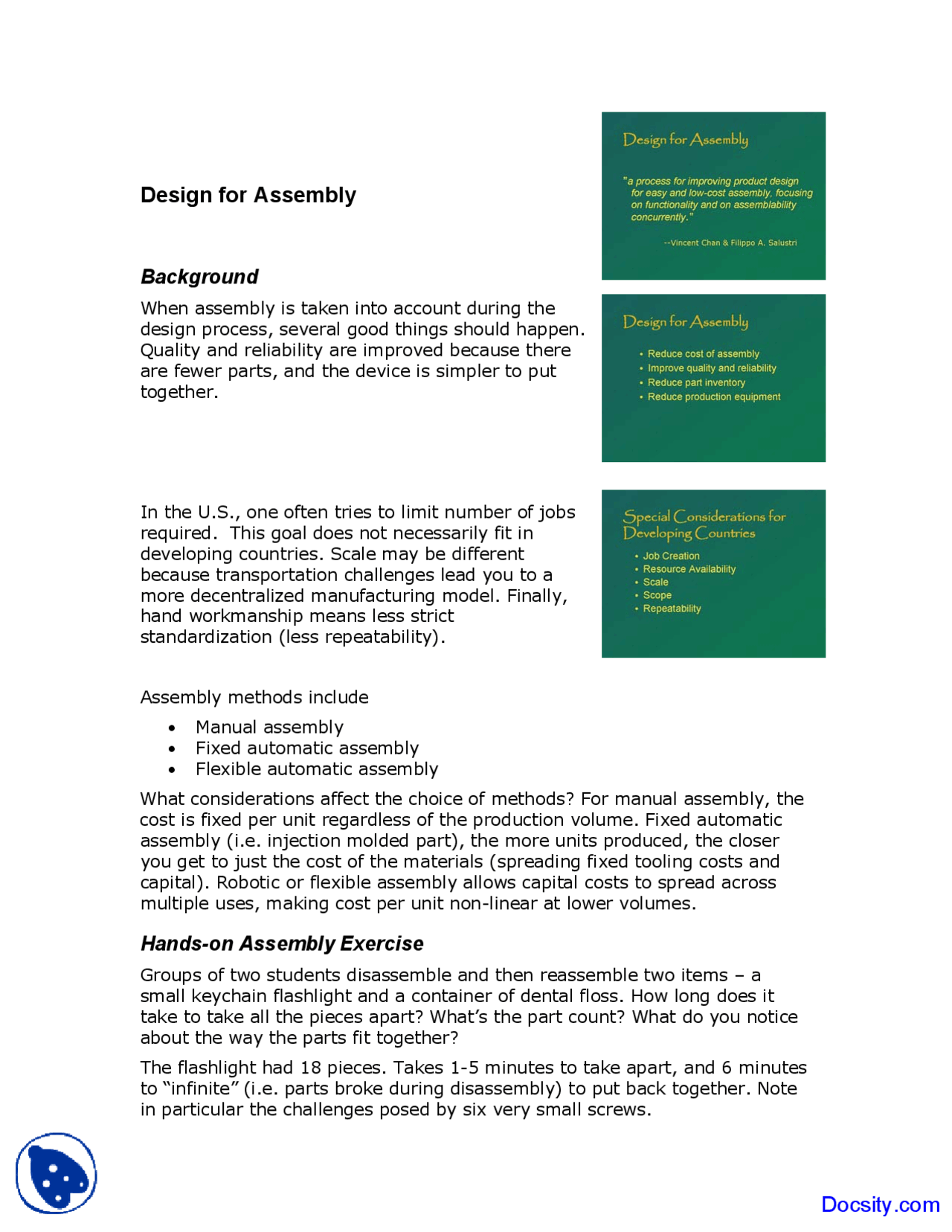 Design For Assembly Handbook.pdf Design for Assembly - Design and Dissemination - Lecture Notes - Docsity