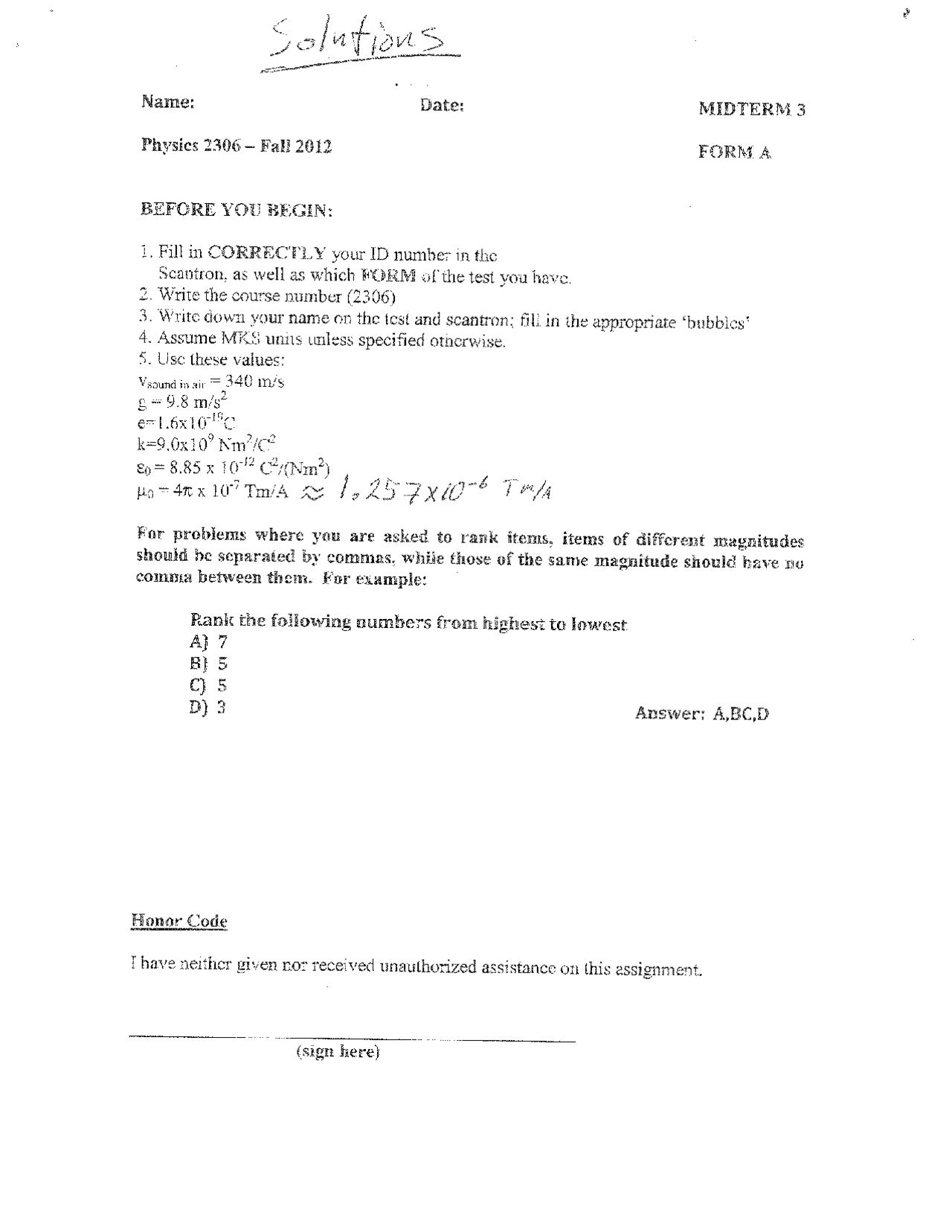 Solved Problems on Foundation of Physics I - Exam 3 | PHYS 2306 - Docsity