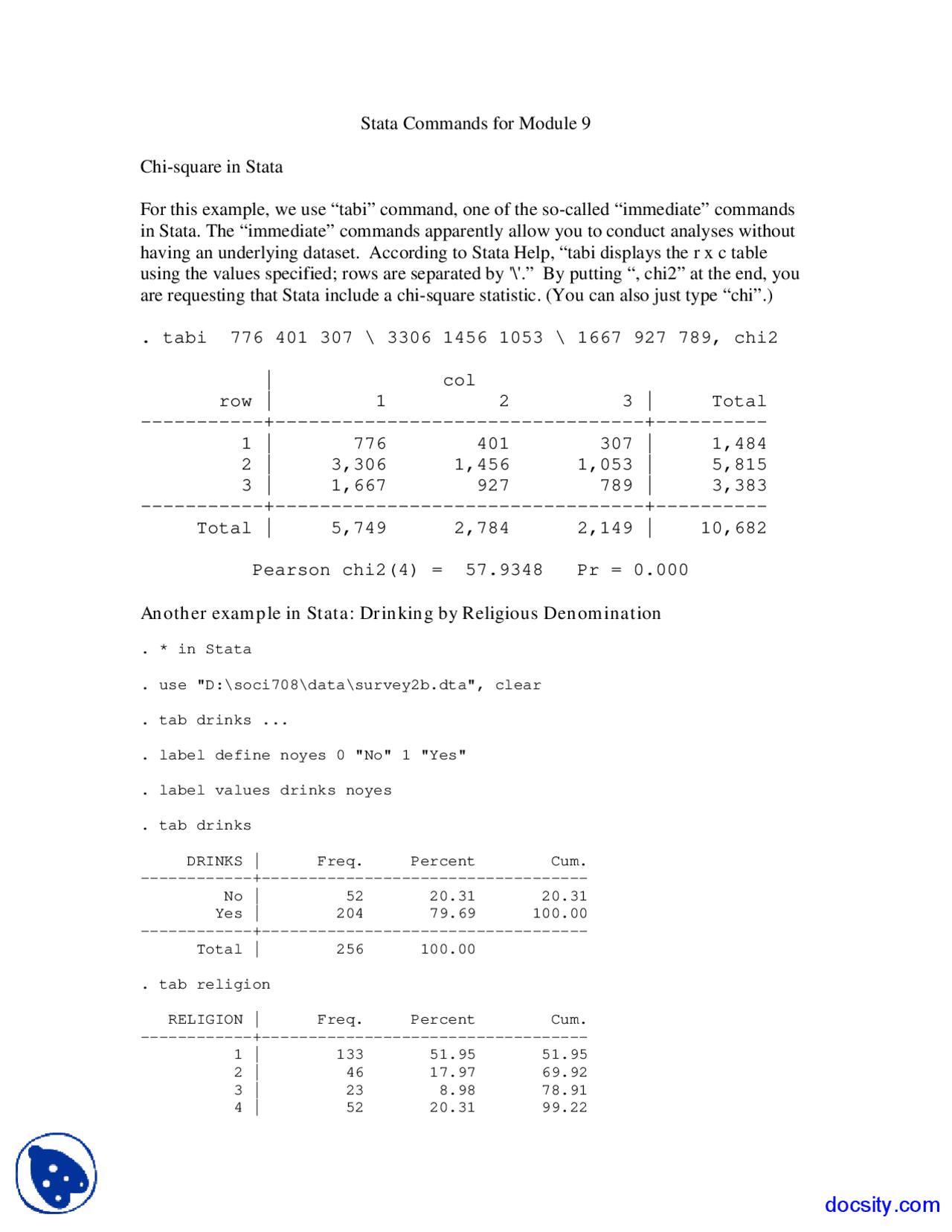 Stata Notes Stata Commands - Sociologists Statistics - Lecture Notes - Docsity