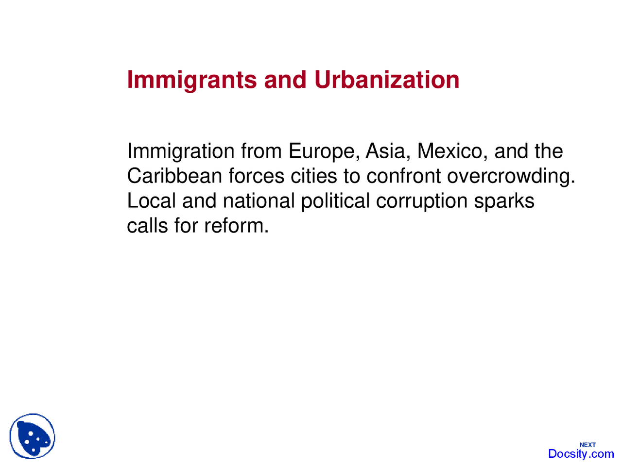 Immigrants and Urbanization - Immigration Law - Lecture Slides - Docsity