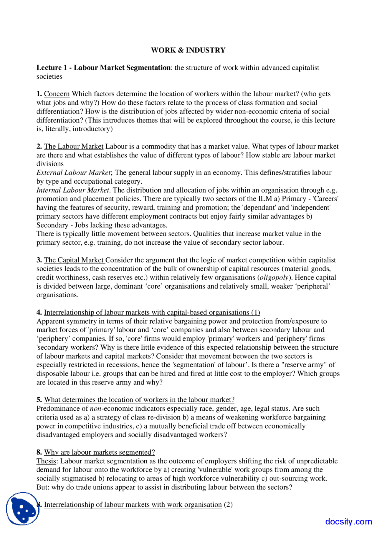 Labour Market Segmentation - Work and Industry - Lecture Notes - Docsity