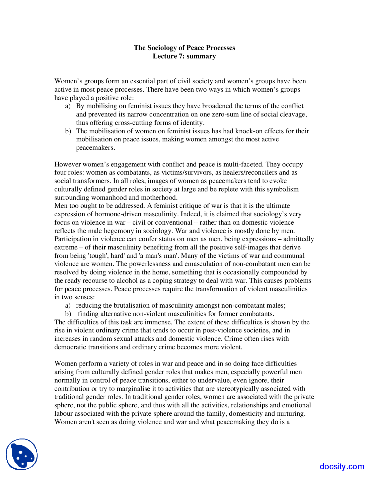 Peace Processes - Sociology of Peace Processes - Lecture Notes - Docsity