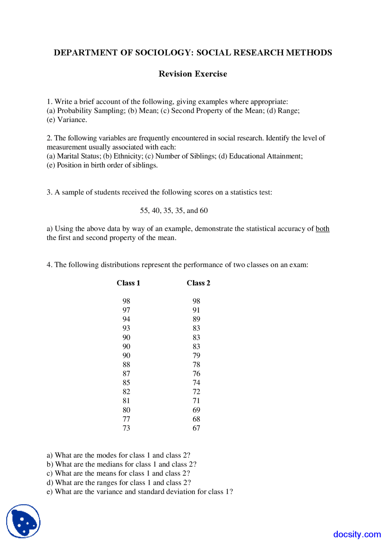 Probability Sampling Second Property Social Research Method Exercise Docsity