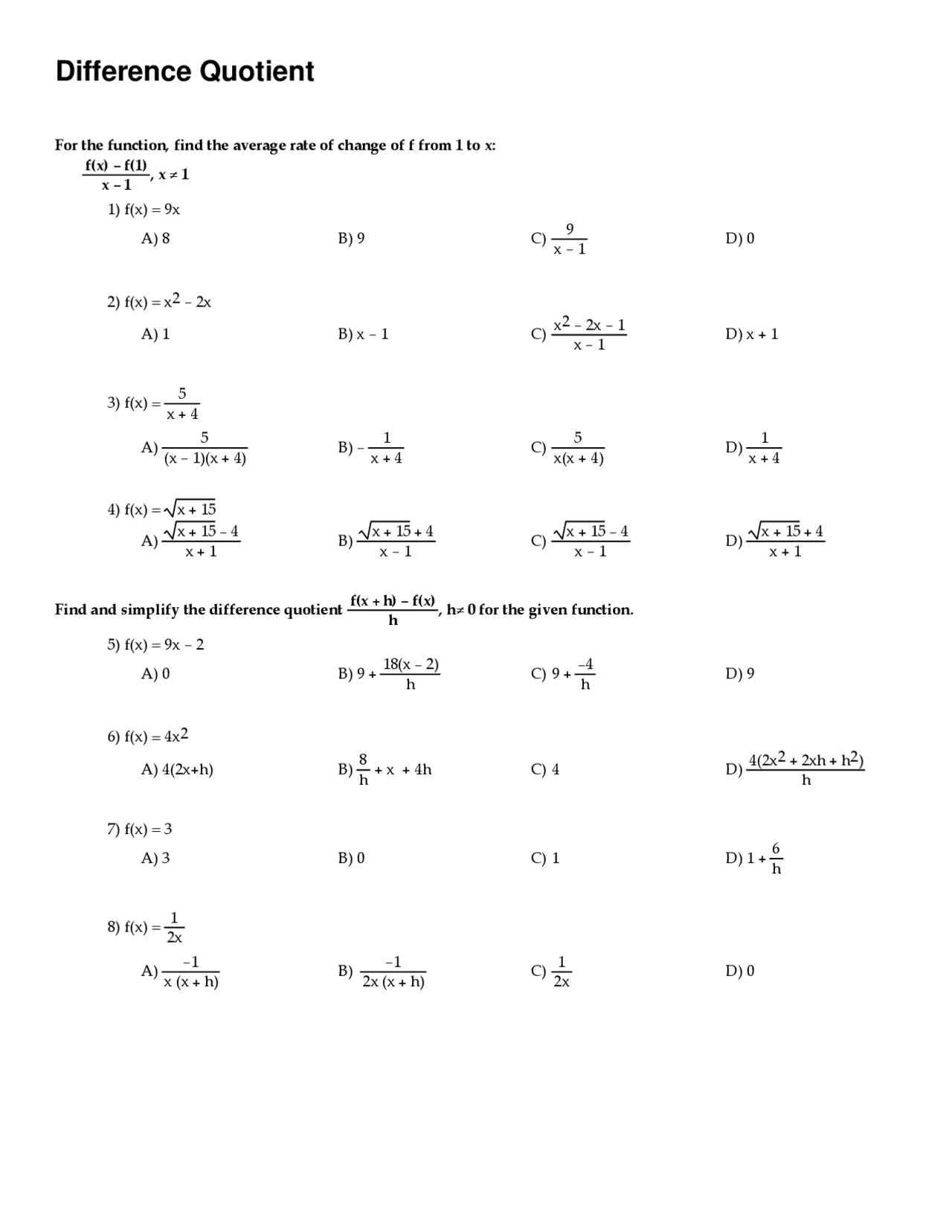 Difference Quotient - Calculus - Exercise | Exercises Calculus - Docsity