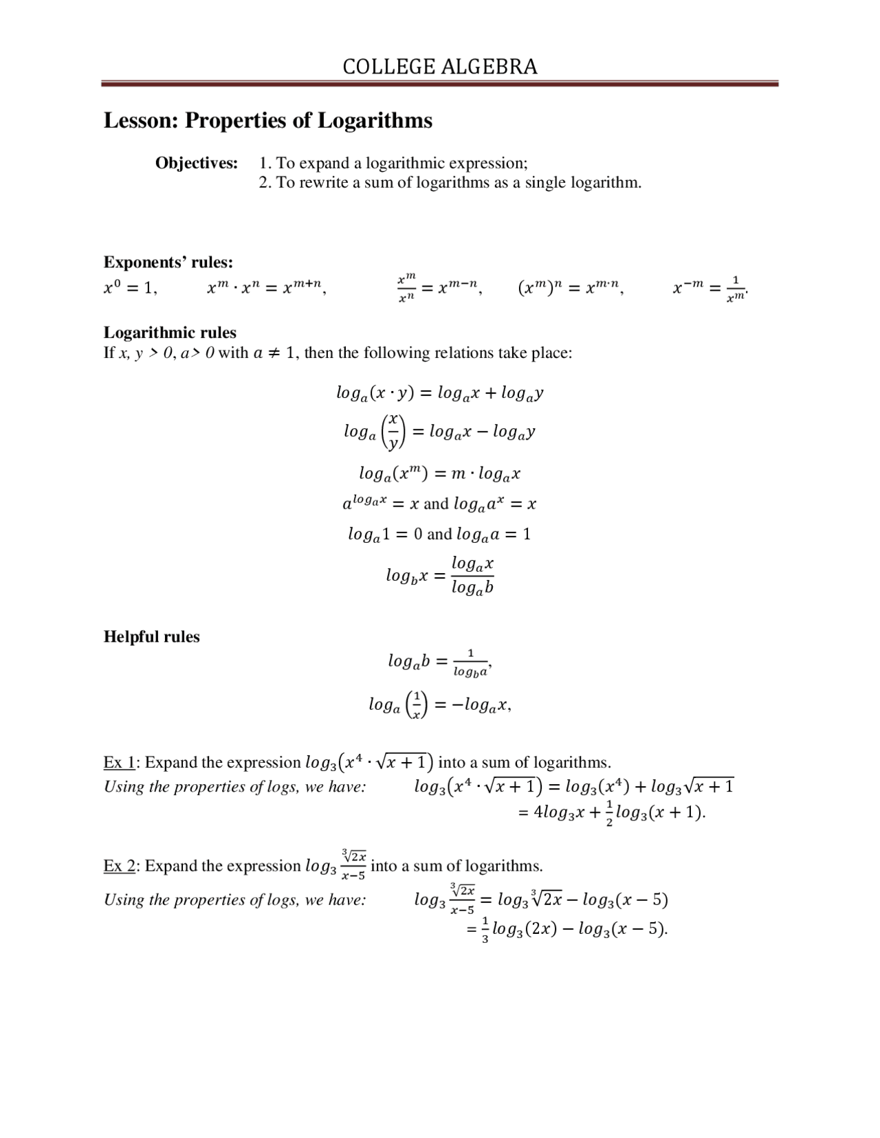 Logarithmic Property Notes Properties of Logarithms - Algebra - Lecture Notes - Docsity