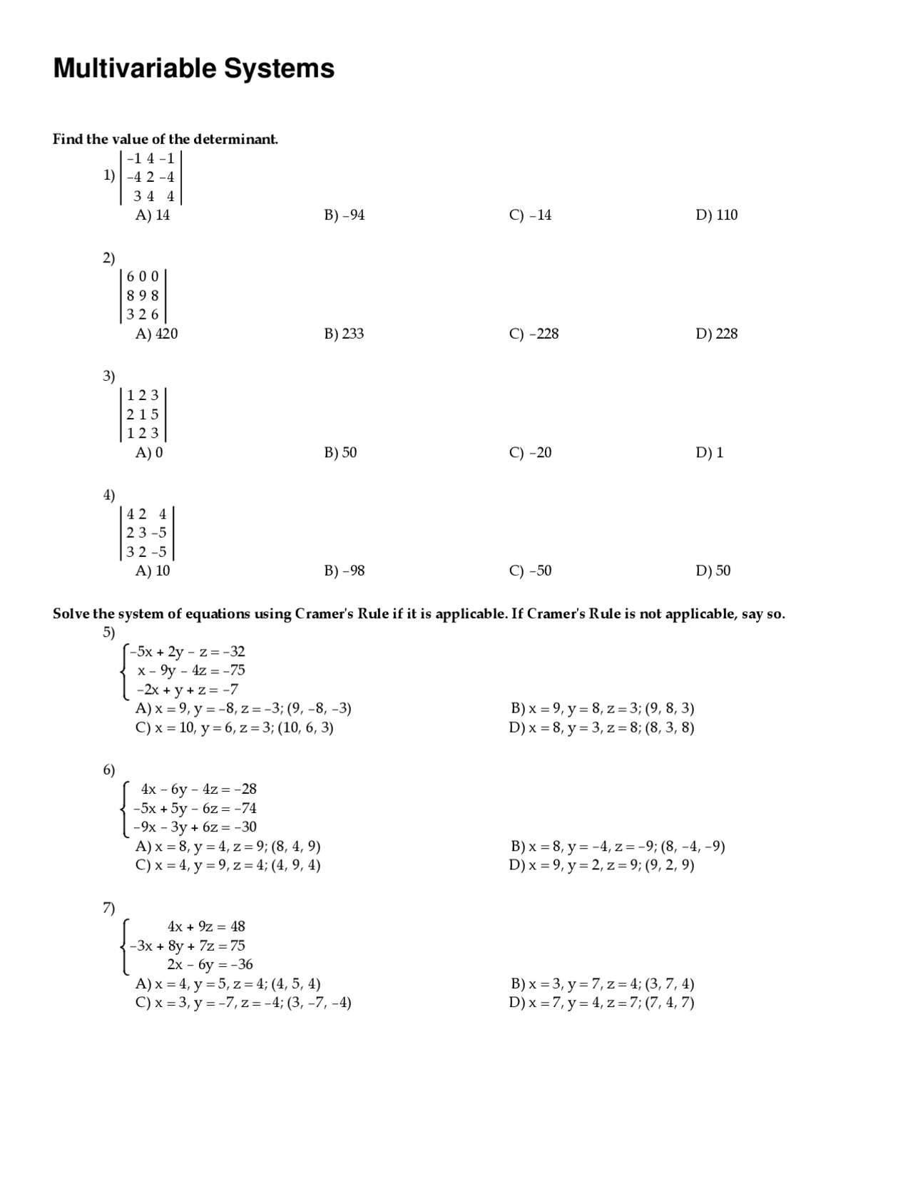 Multivariable Math Problem Easy Multivariable System - Calculus - Exercise | Exercises Calculus | Docsity