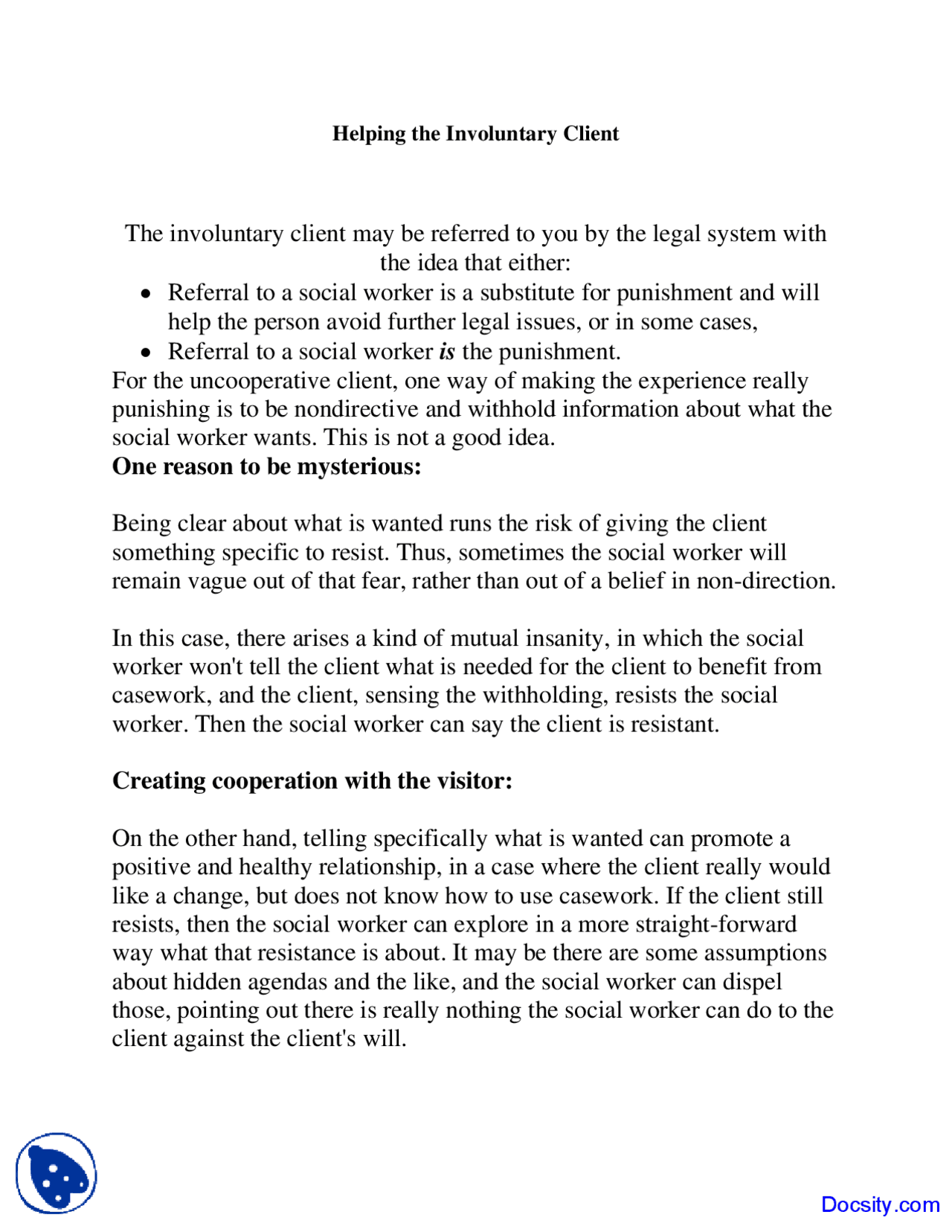Helping the Involuntary Client - Case management - Lecture Notes ...