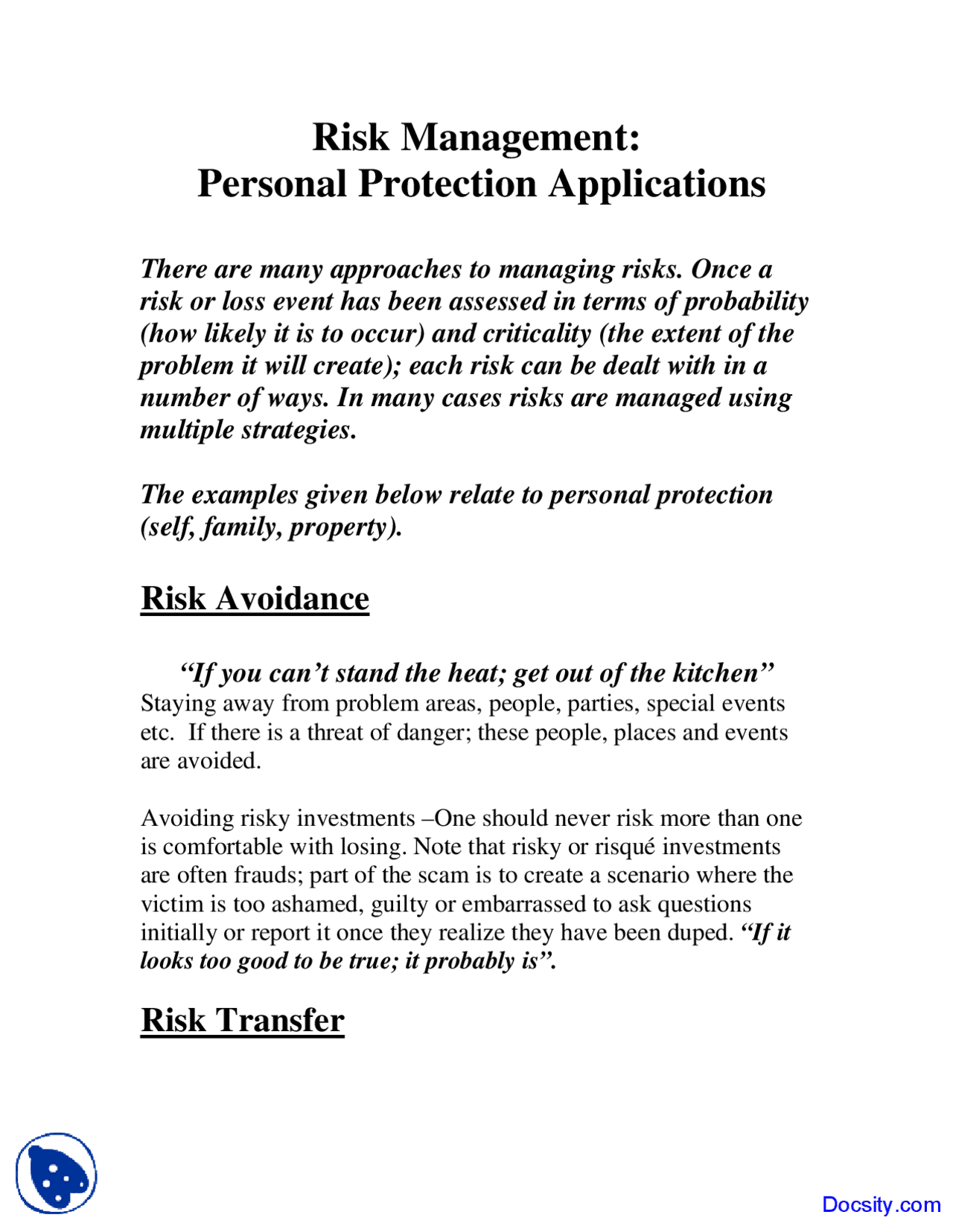 Risk Management for Personal Protection - Introduction to Security and ...