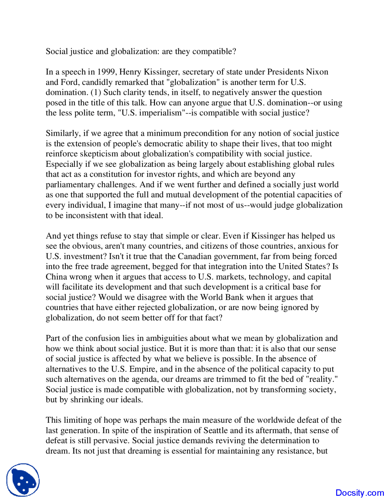 Social Justice and Globalization Globalization Lecture Notes Docsity