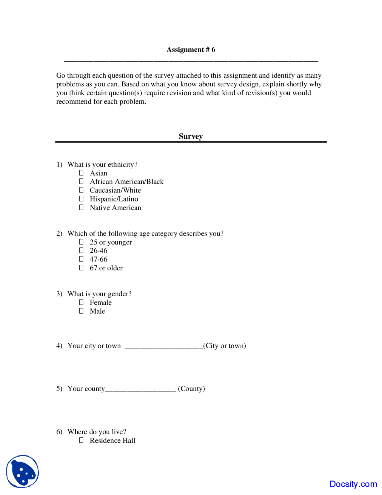 Survey Assignment Survey Design - Social Research Methods - Assignment - Docsity
