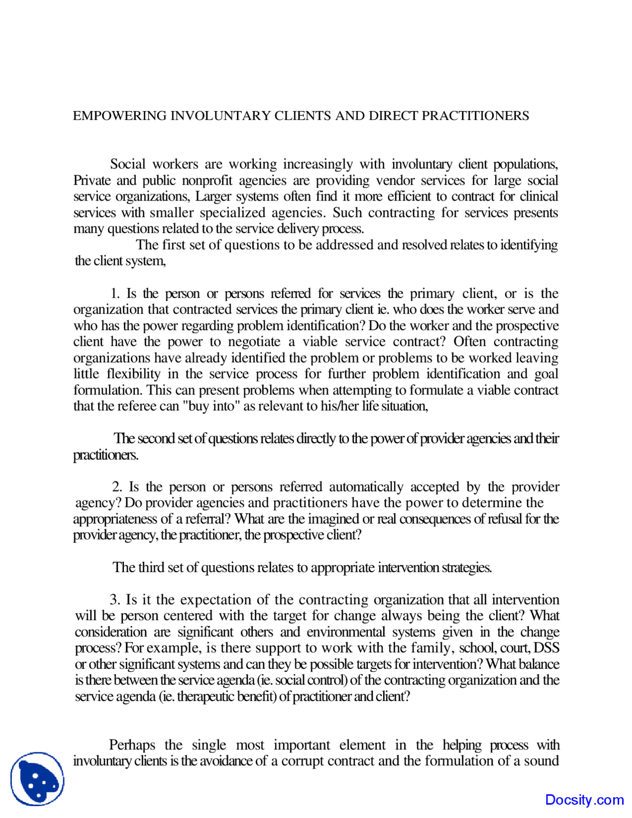 Empowering Involuntary Clients - Case management - Lecture Notes - Docsity