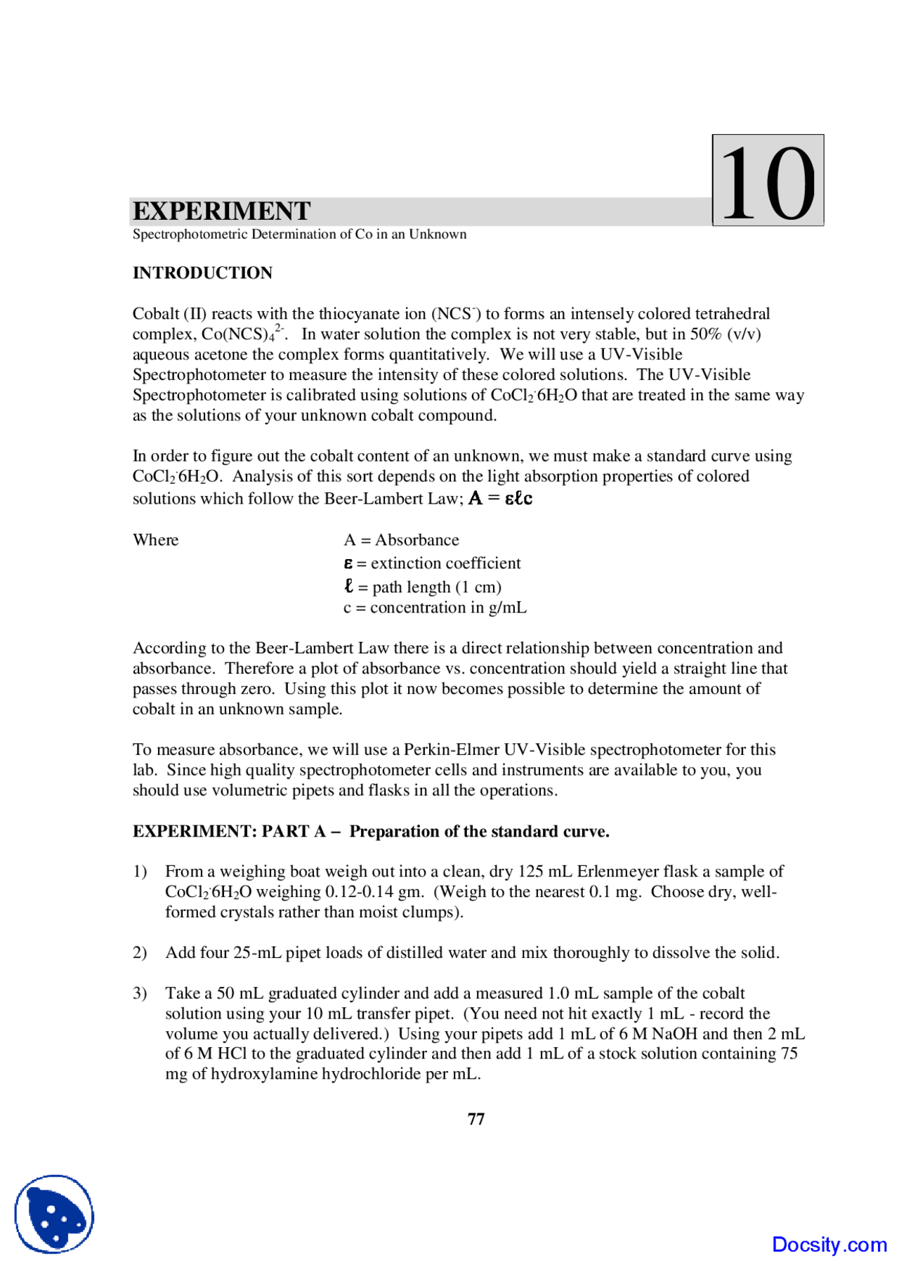 Spectrophotometric Determination of Cobalt Introductory Chemistry