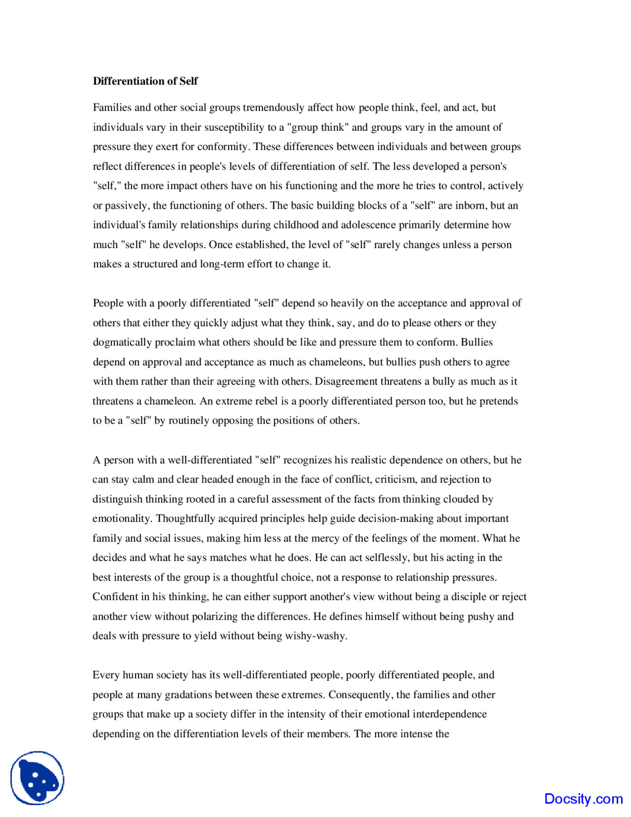 Differentiation of Self - Personal Competence - Lecture Notes - Docsity
