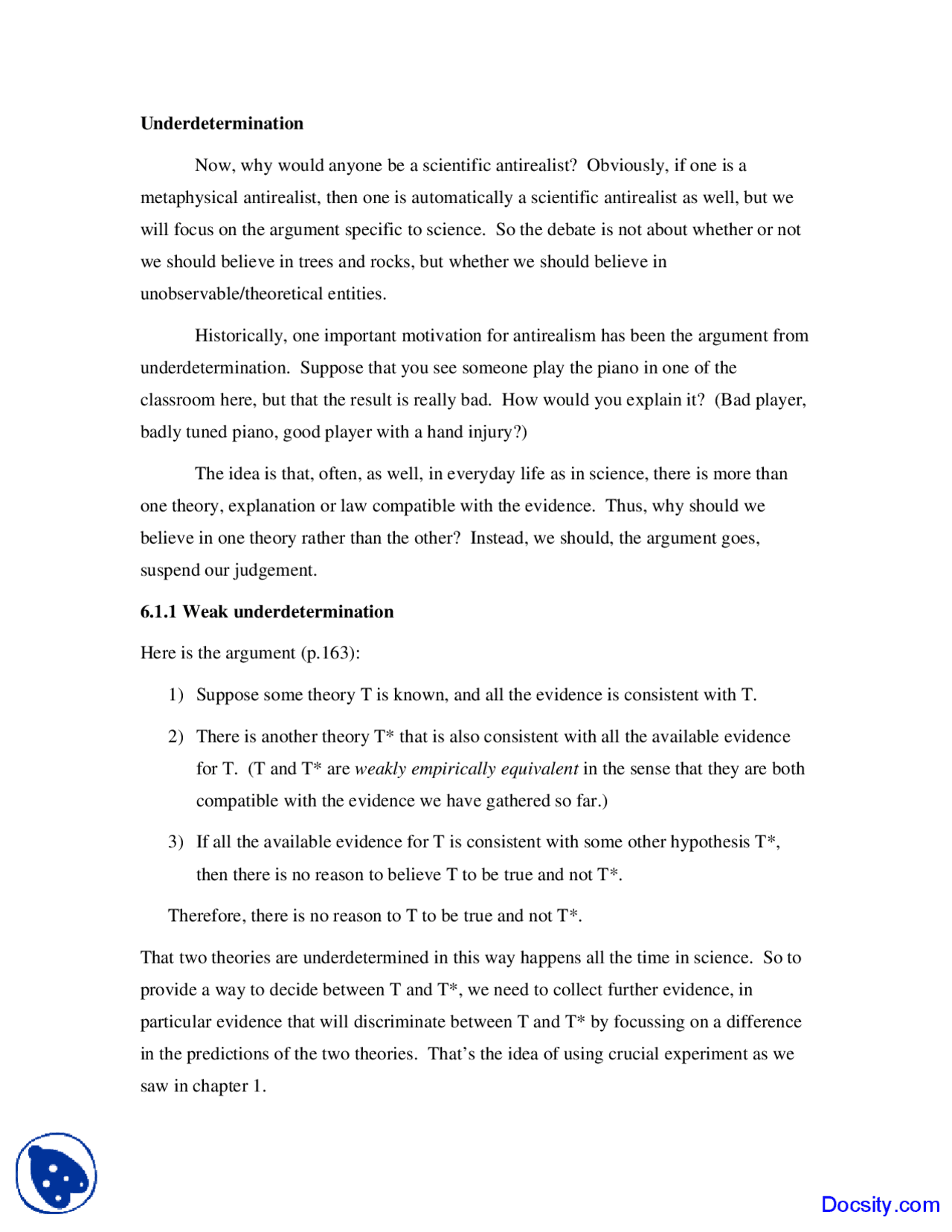 Underdetermination - Philosophy of Science - Lecture Notes - Docsity