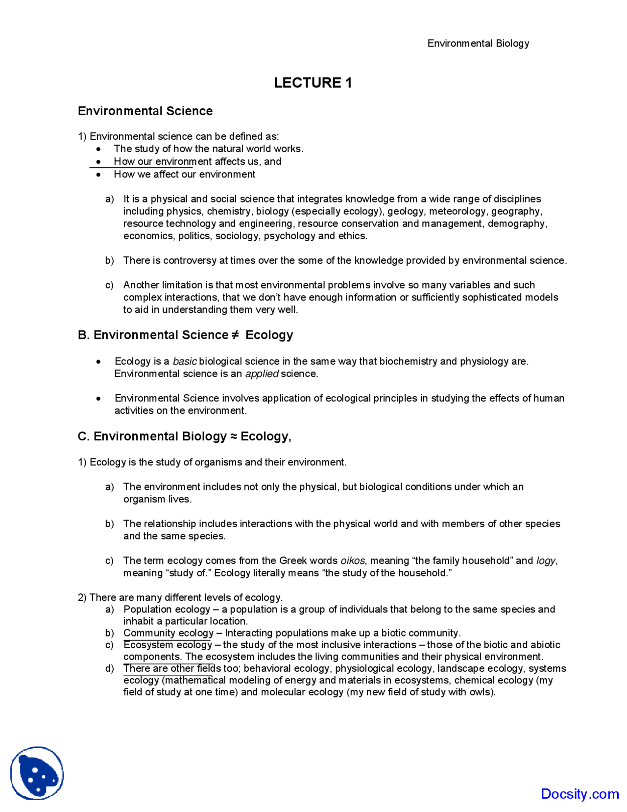 Science And Environment Notes.pdf Environmental Science - Environmental Biology - Lecture Notes - Docsity