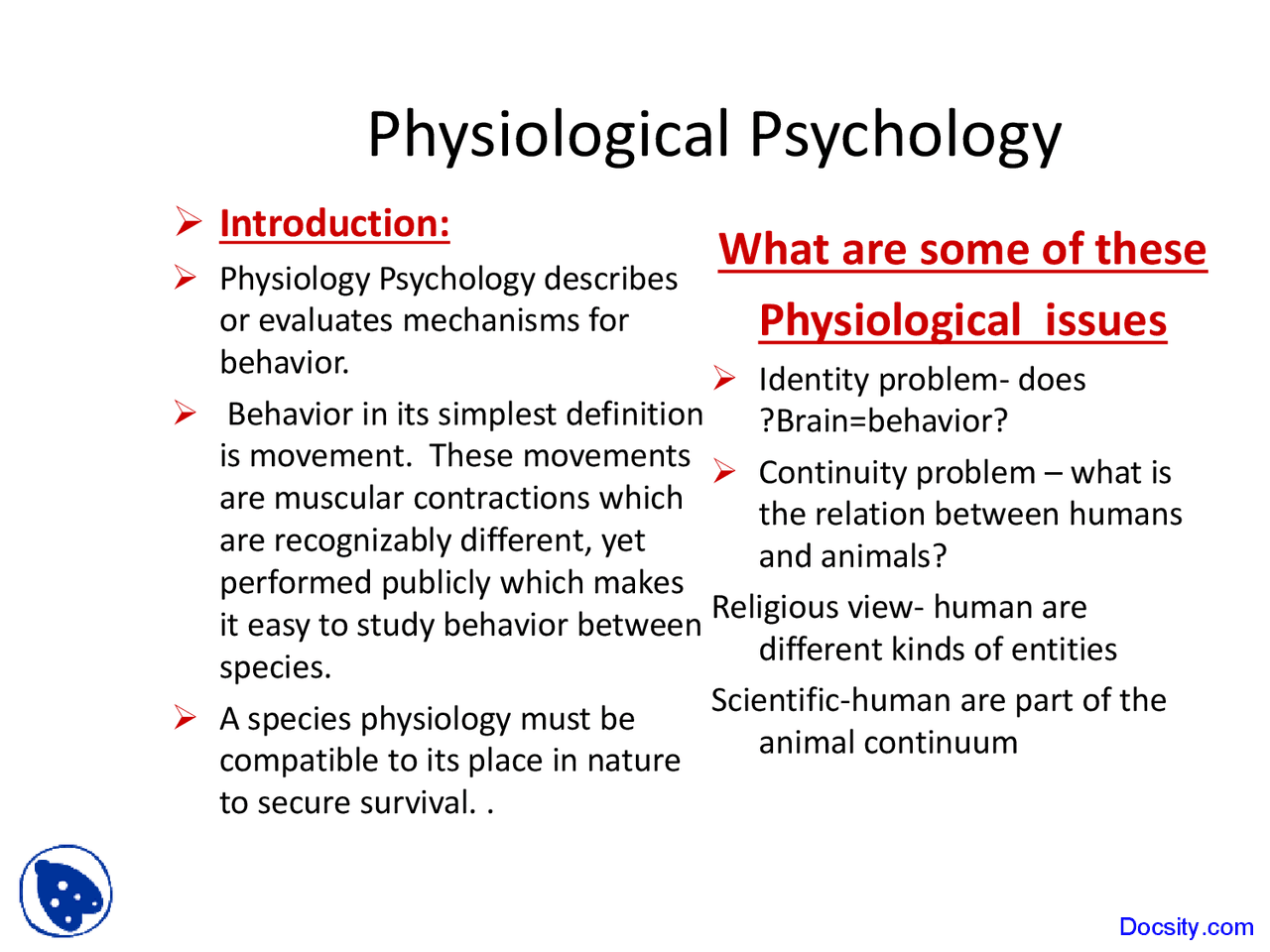 Physiological Psychology - Human Psychology - Lecture Slides | Slides