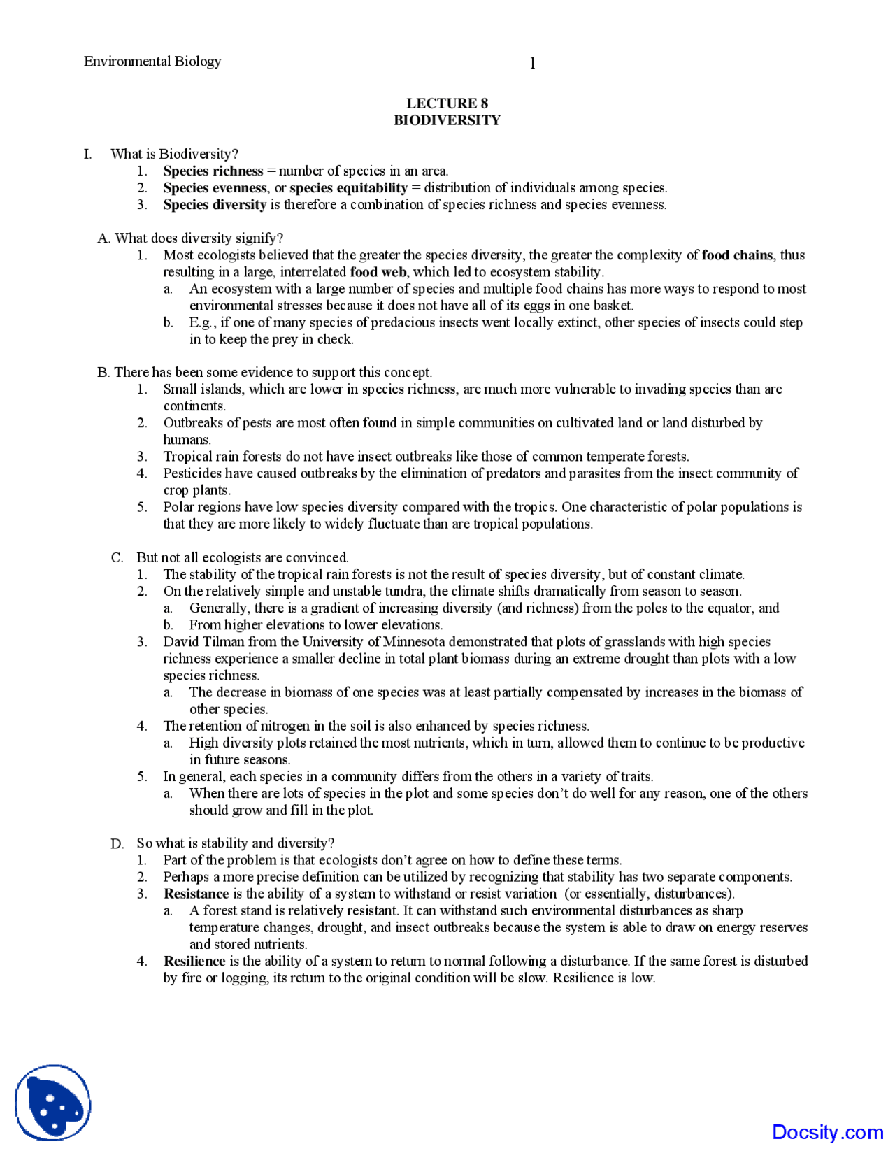 Biodiversity - Environmental Biology - Lecture Notes | Study notes ...