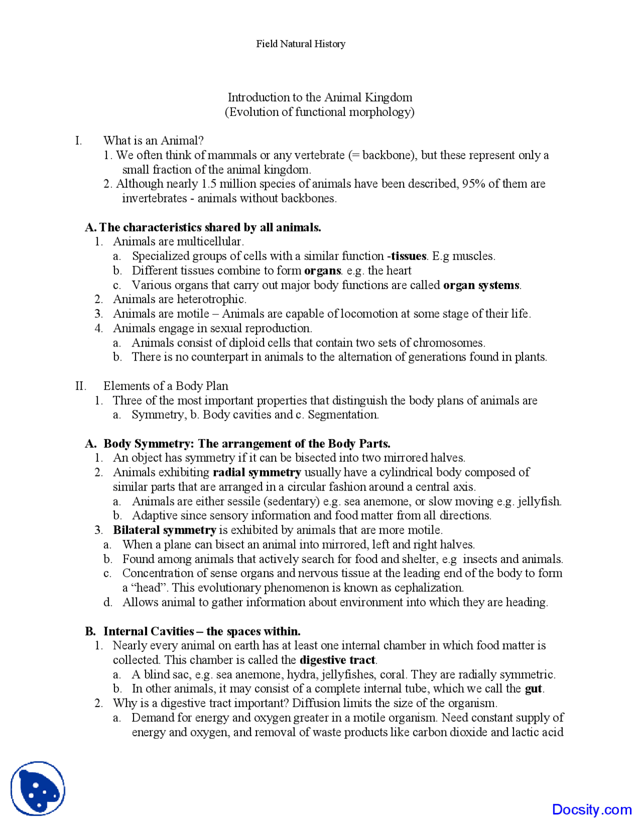 Introduction to Animal Kingdom - Field Natural History - Lecture Notes ...