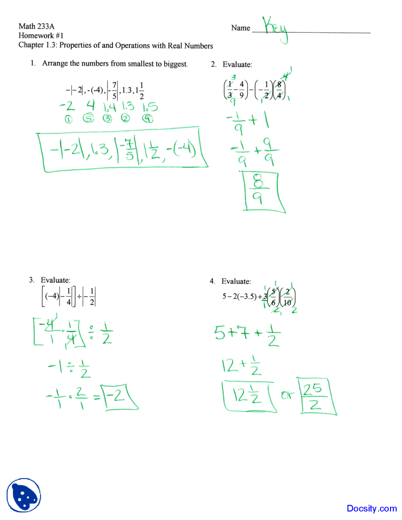 Operations with Real Numbers - Intermediate Algebra - Homework - Docsity