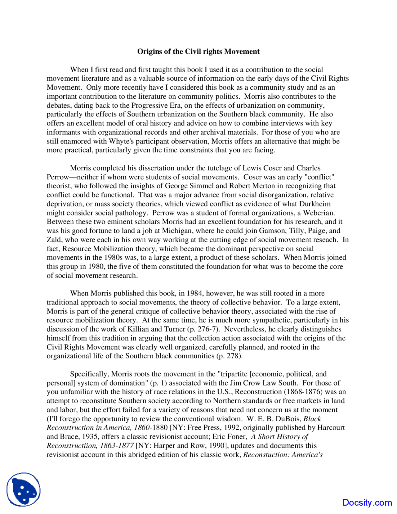 Civil Rights Movement - Community Organization - Lecture Notes - Docsity