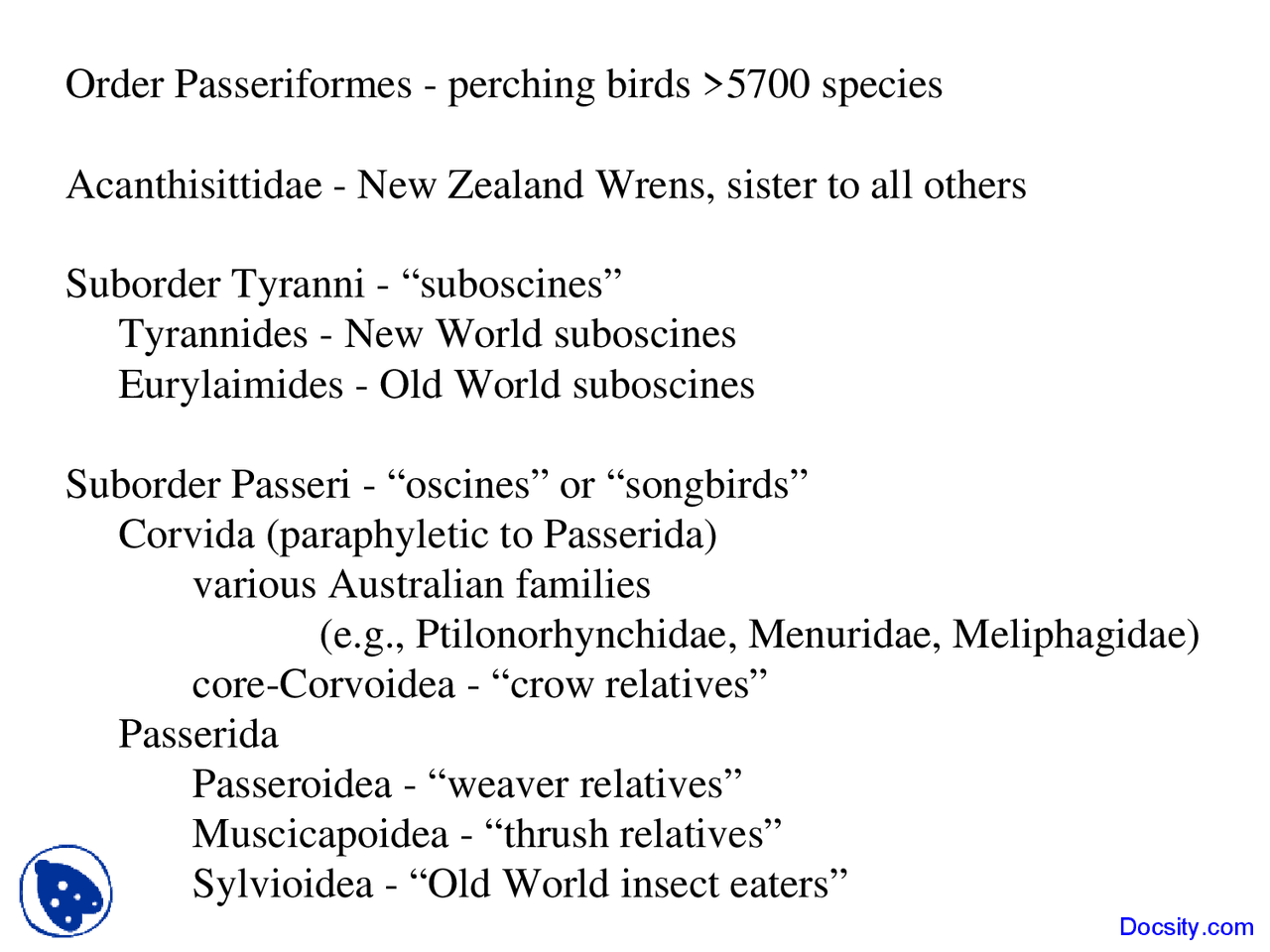 Bird Taxonomy: Order Passeriformes and Suborders Tyranni and Passeri ...