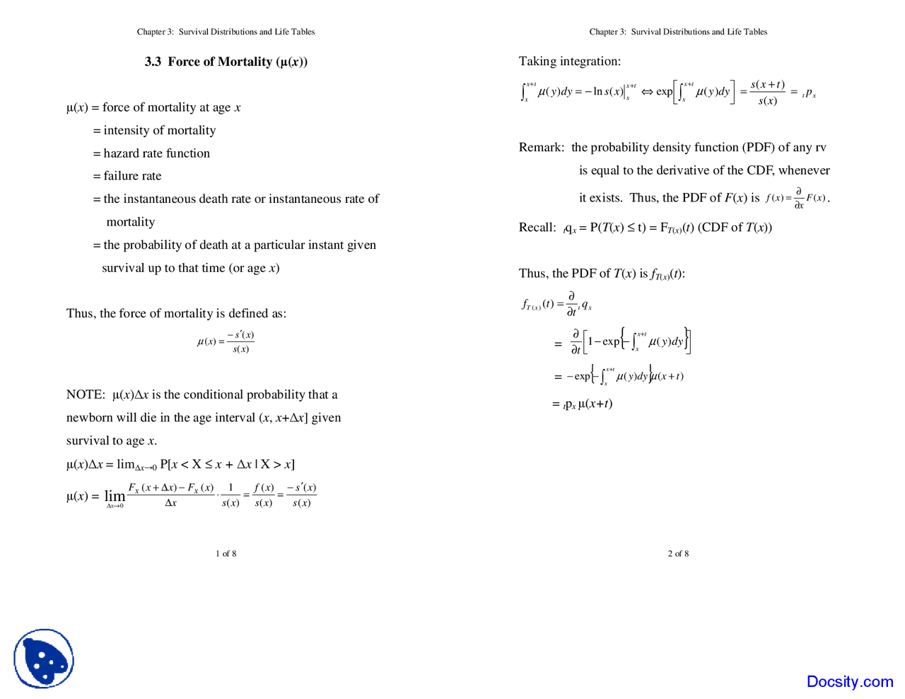 Force of Mortality - Life Contingencies - Lecture Notes - Docsity