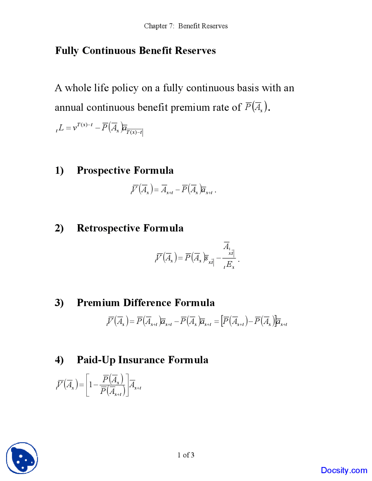 Life Contingencies Notes.pdf Fully Continuous Benefit Reserves - Life Contingencies - Lecture Notes ...