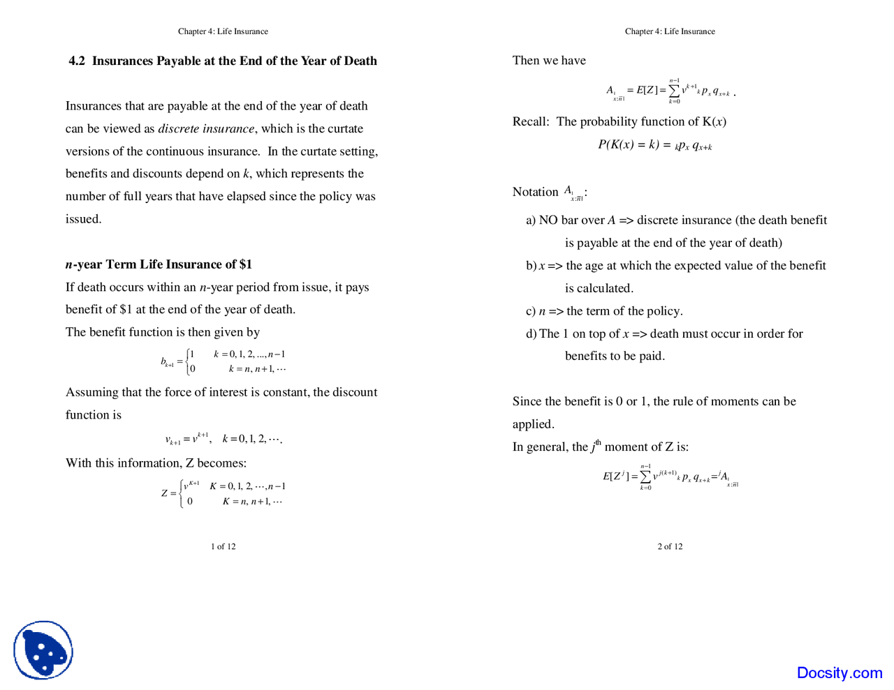Life Contingencies Notes.pdf Insurances Payable - Life Contingencies - Lecture Notes - Docsity