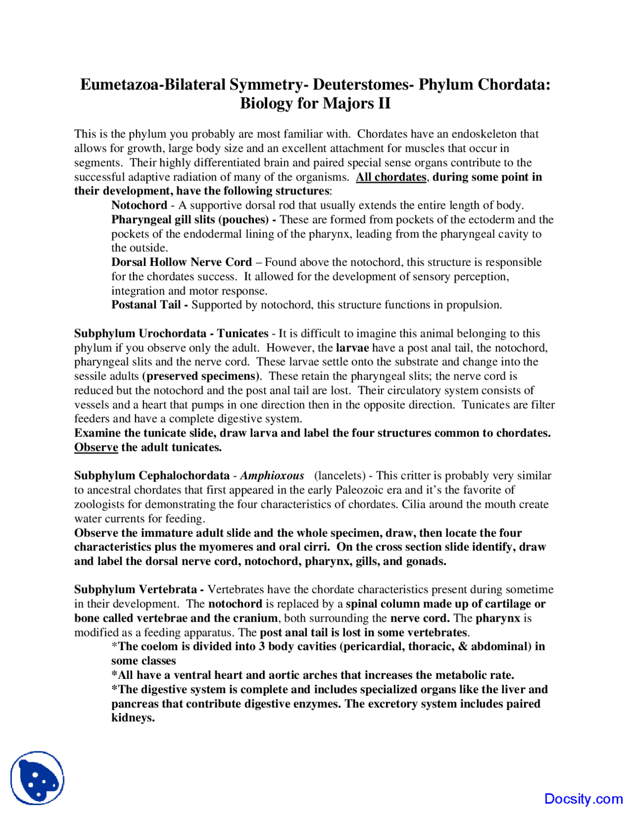 Phylum Chordata - Animal Form, Function and Diversity - Lab Handout ...