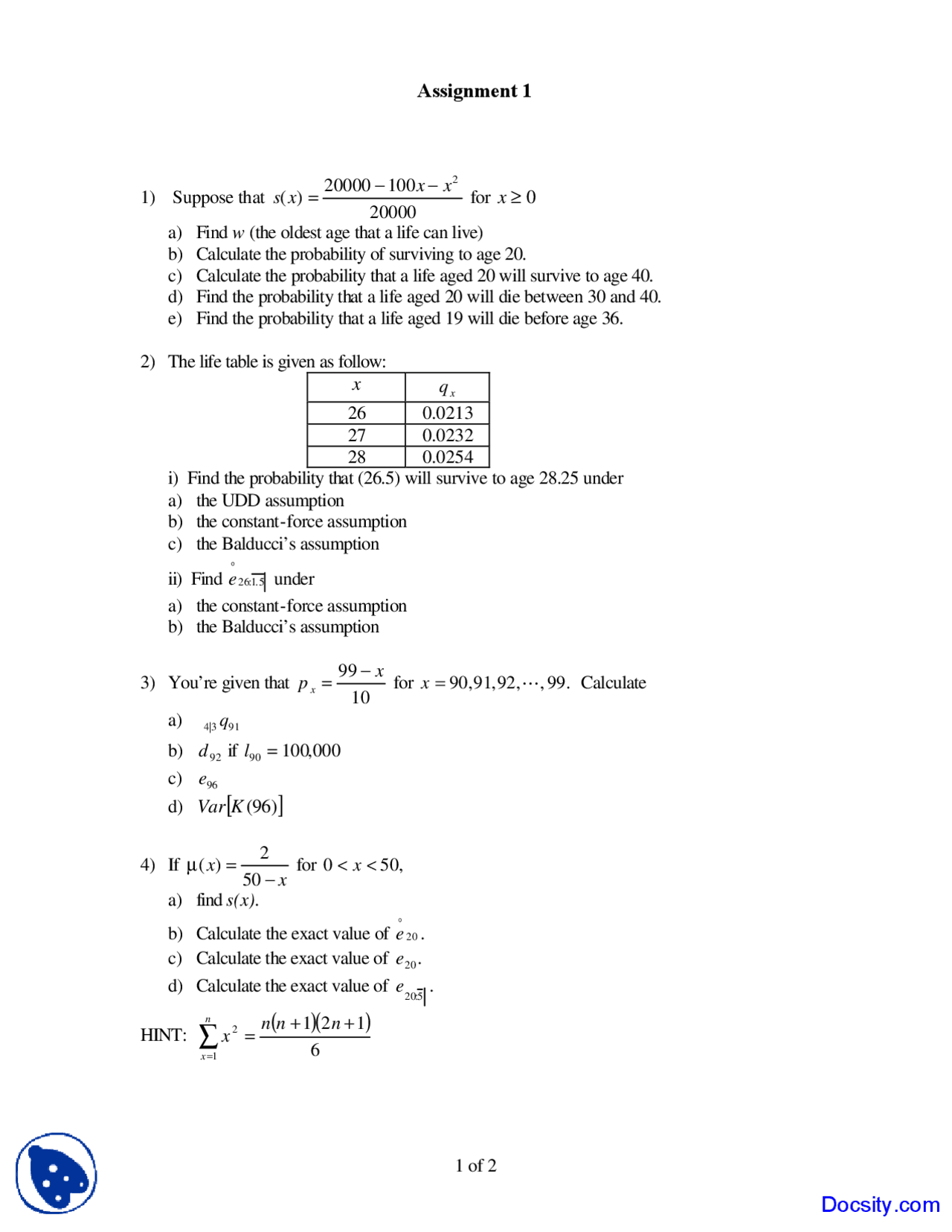 Probability of Surviving - Life Contingencies - Assignment - Docsity