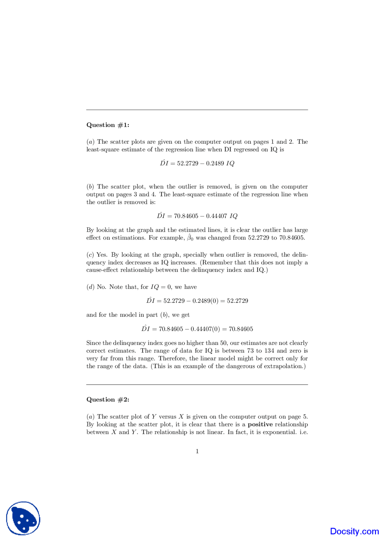 Scatter Plots - Applied Regression Analysis - Solved Assignment - Docsity