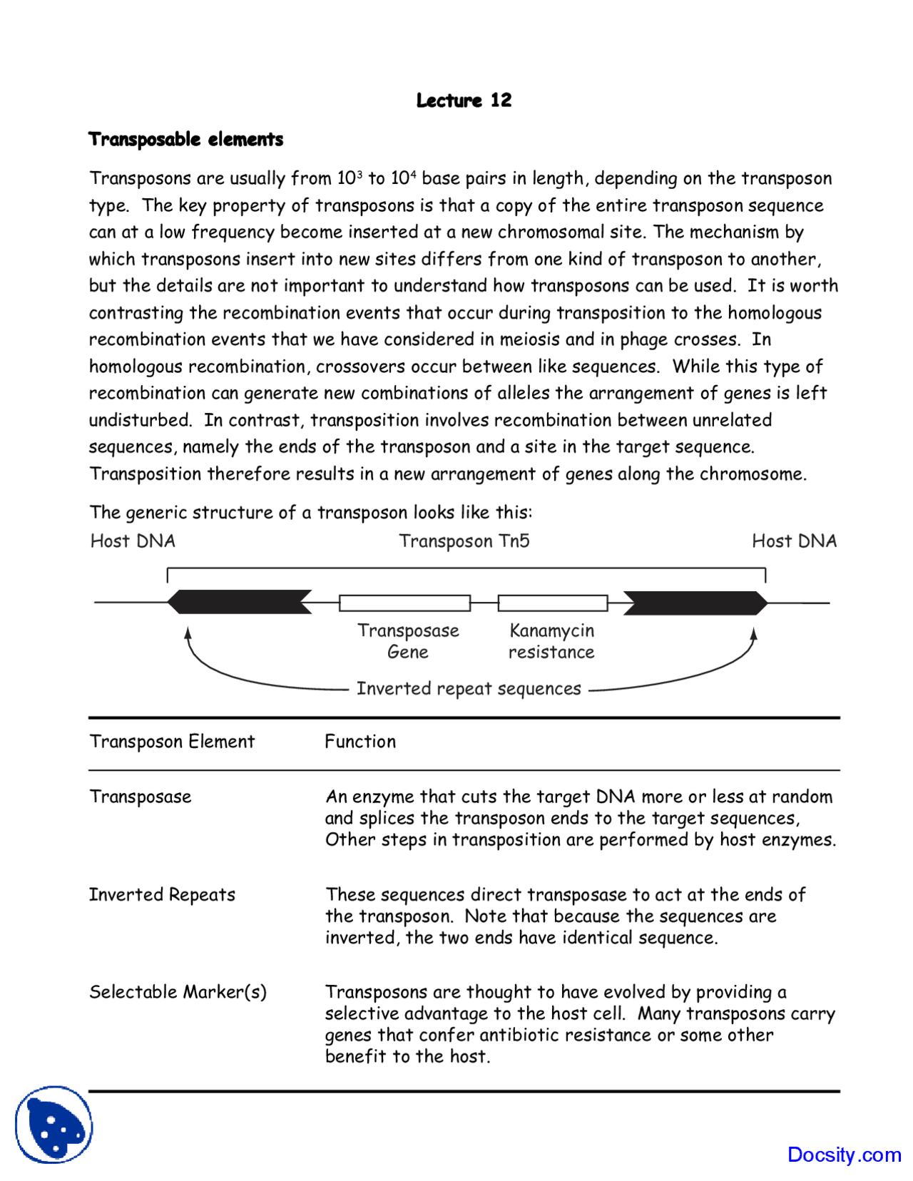Bacterial Genetics Transposition - Cell Biology - Lecture Notes - Docsity