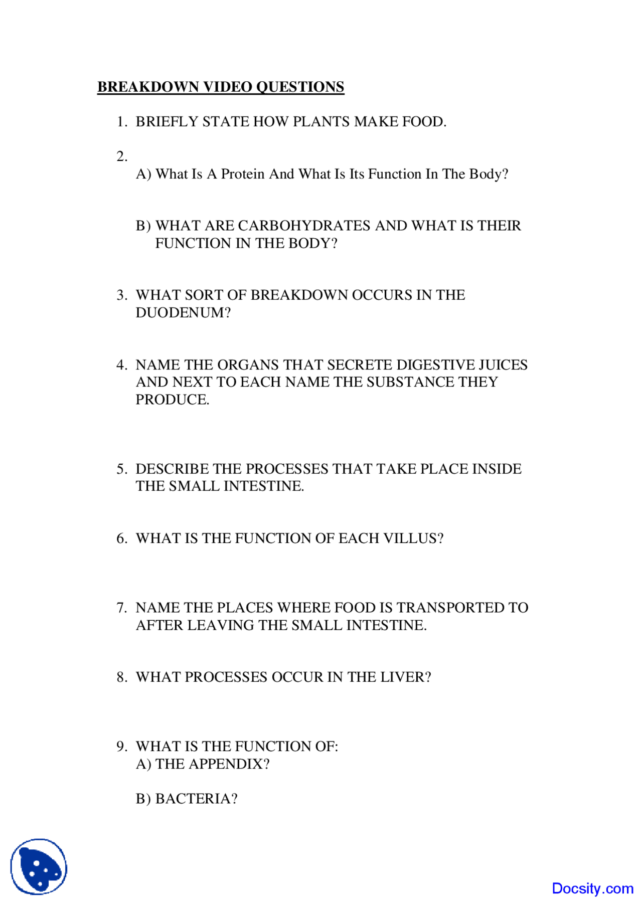 Protein Function In Body Human Systems Quiz Docsity