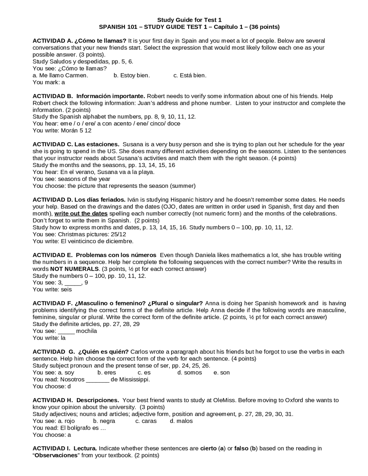 Spanish 101 Notes.pdf Study Guide Exam 1 for Elementary Spanish I | Span 101 - Docsity