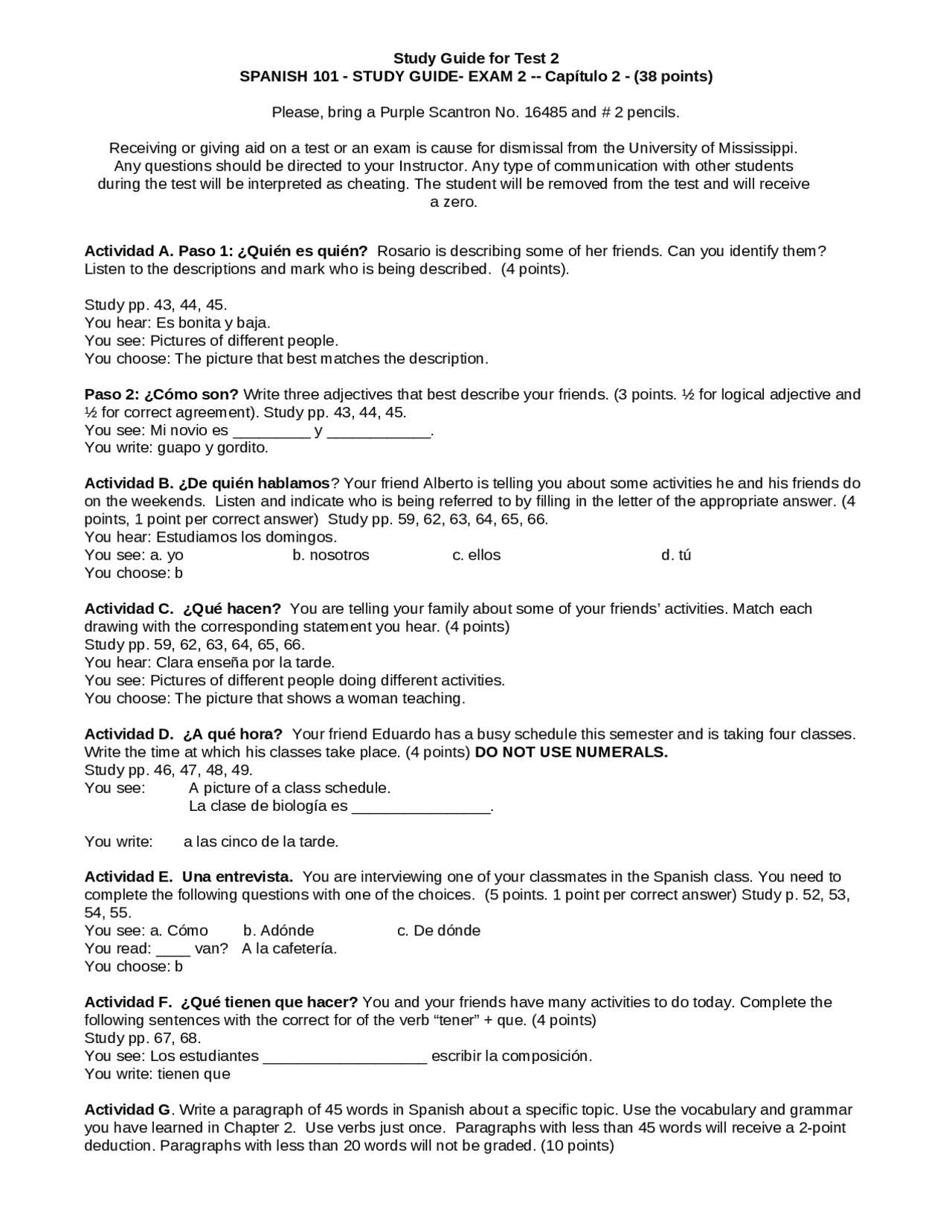 Spanish 101 Notes.pdf Study Guide Exam 2 - Elementary Spanish I | Span 101 - Docsity