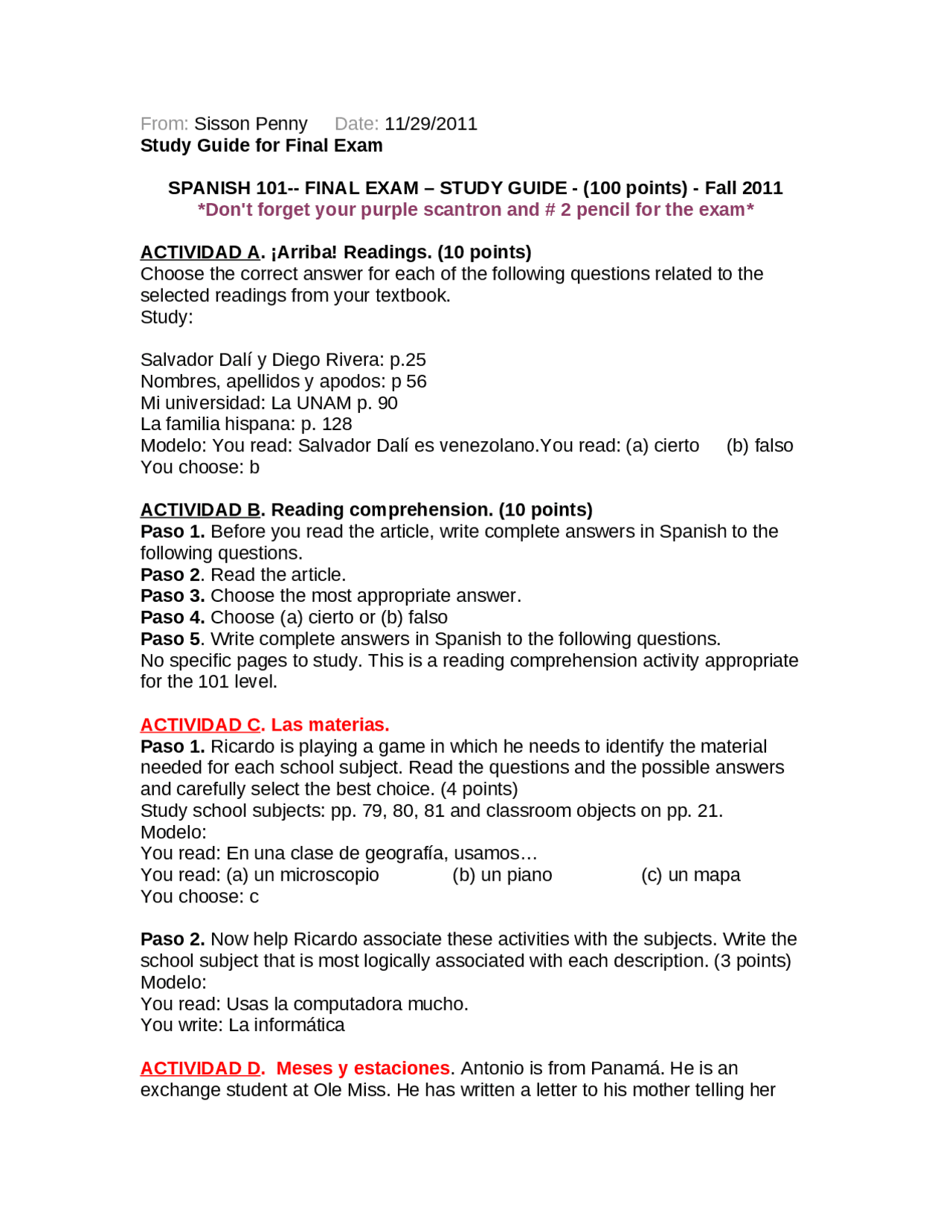Spanish 101 Notes.pdf Final Exam Study Guide - Elementary Spanish I | Span 101 - Docsity